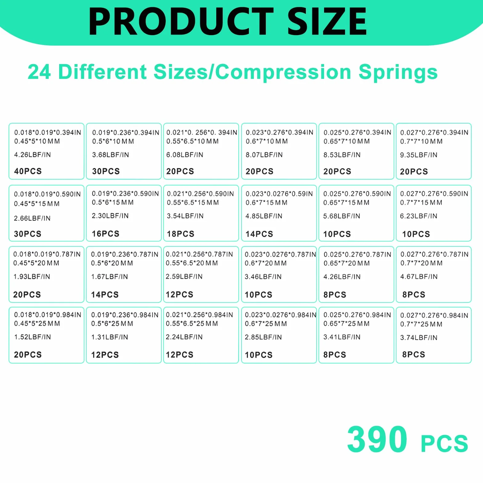 390 Piezas Muelles de Compresion Kit Surtido de Resortes de Compresion 24 Tamaños para DIY Bricolaje