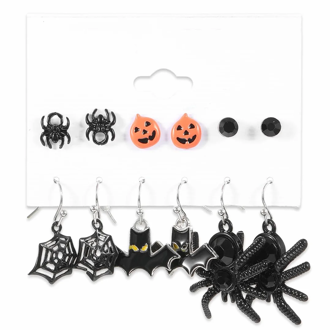 Juego de 6 pares de aretes de Halloween, aretes divertidos de calabaza, murciélago y araña, colgantes con temática de araña, decoraciones para niñas y mujeres