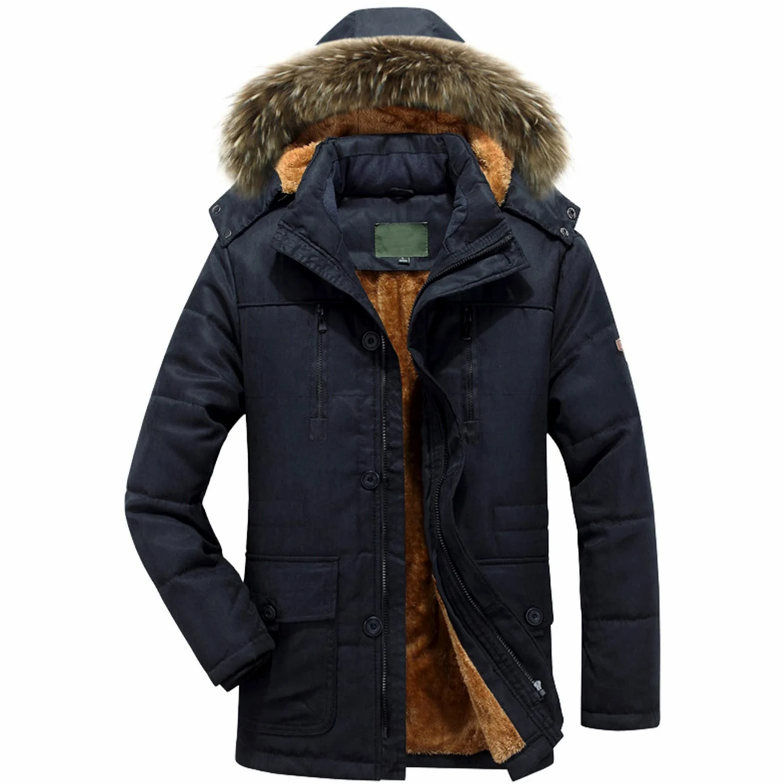 Chaqueta de invierno para hombre de forro polar, parka de invierno, chaqueta de esquí, abrigo de invierno con capucha de piel sintética, abrigo para exteriores, resistente al viento, chaqueta