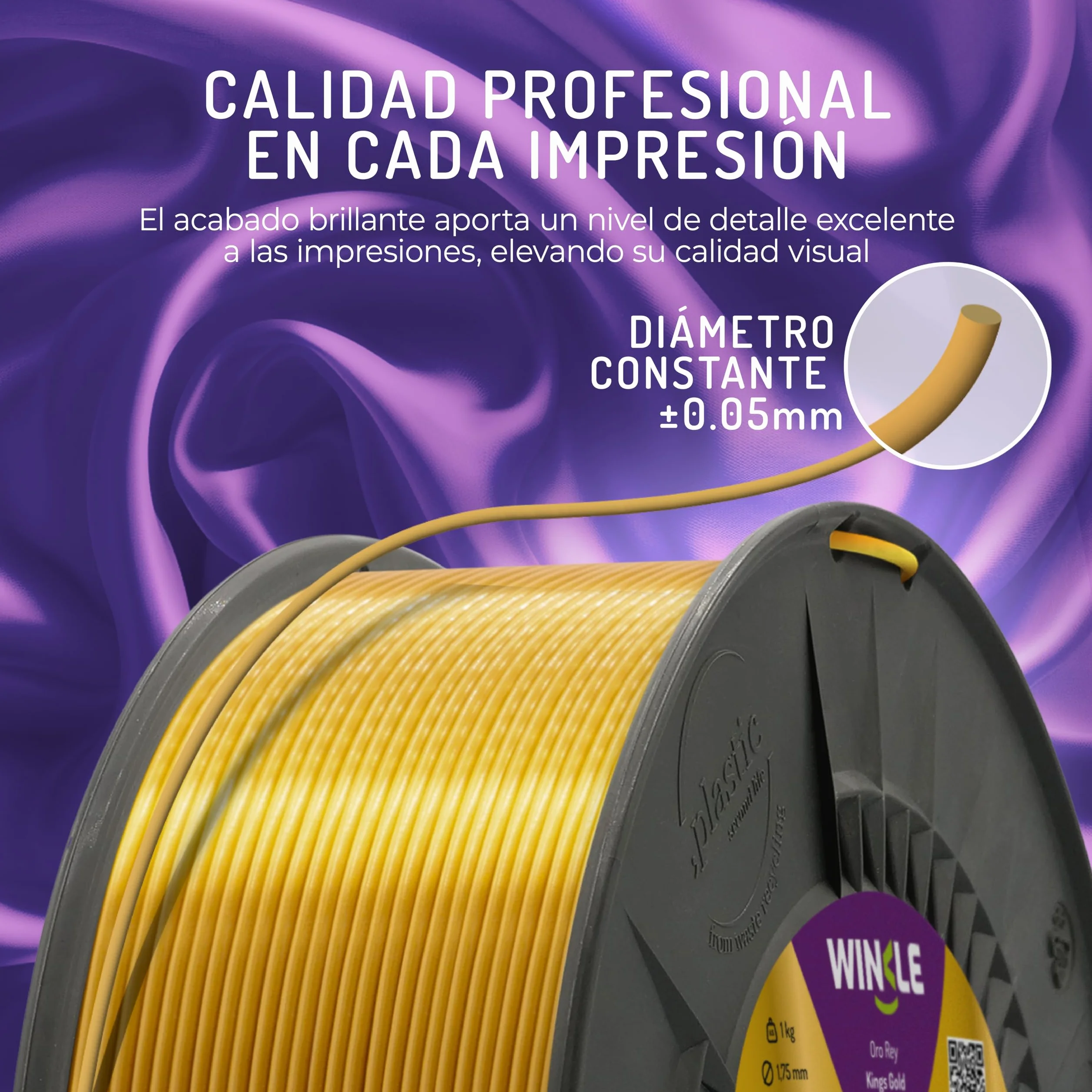 WINKLE Filamento PLA Silk Oro Rey 1,75mm 300g Bobina Impresora 3D