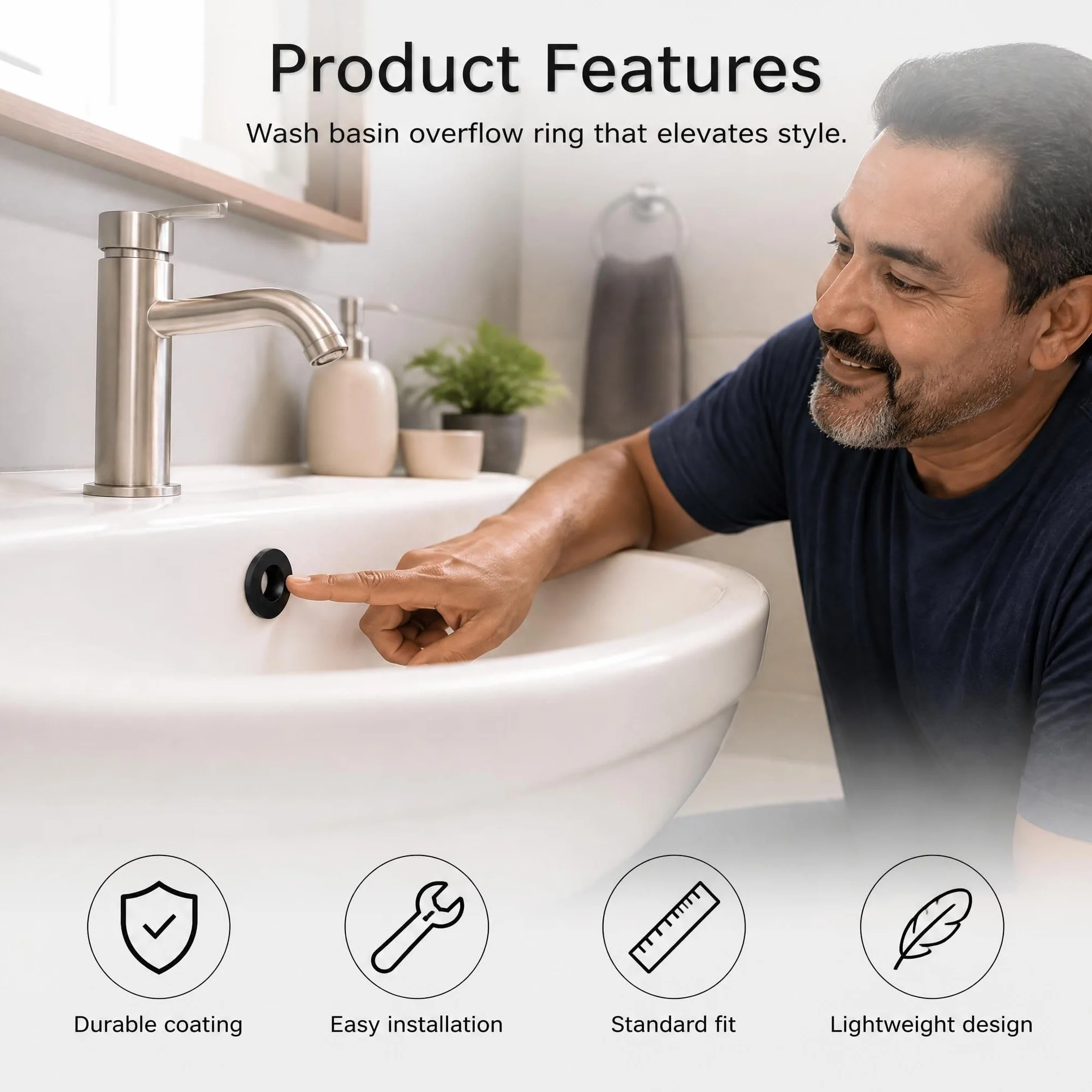 Anillo Rebosadero Lavabo Cobre Puro Negro Mate, Tapa Rebosadero Universal para Orificios 22-24mm, Lavamanos Baño y Fregadero Cocina