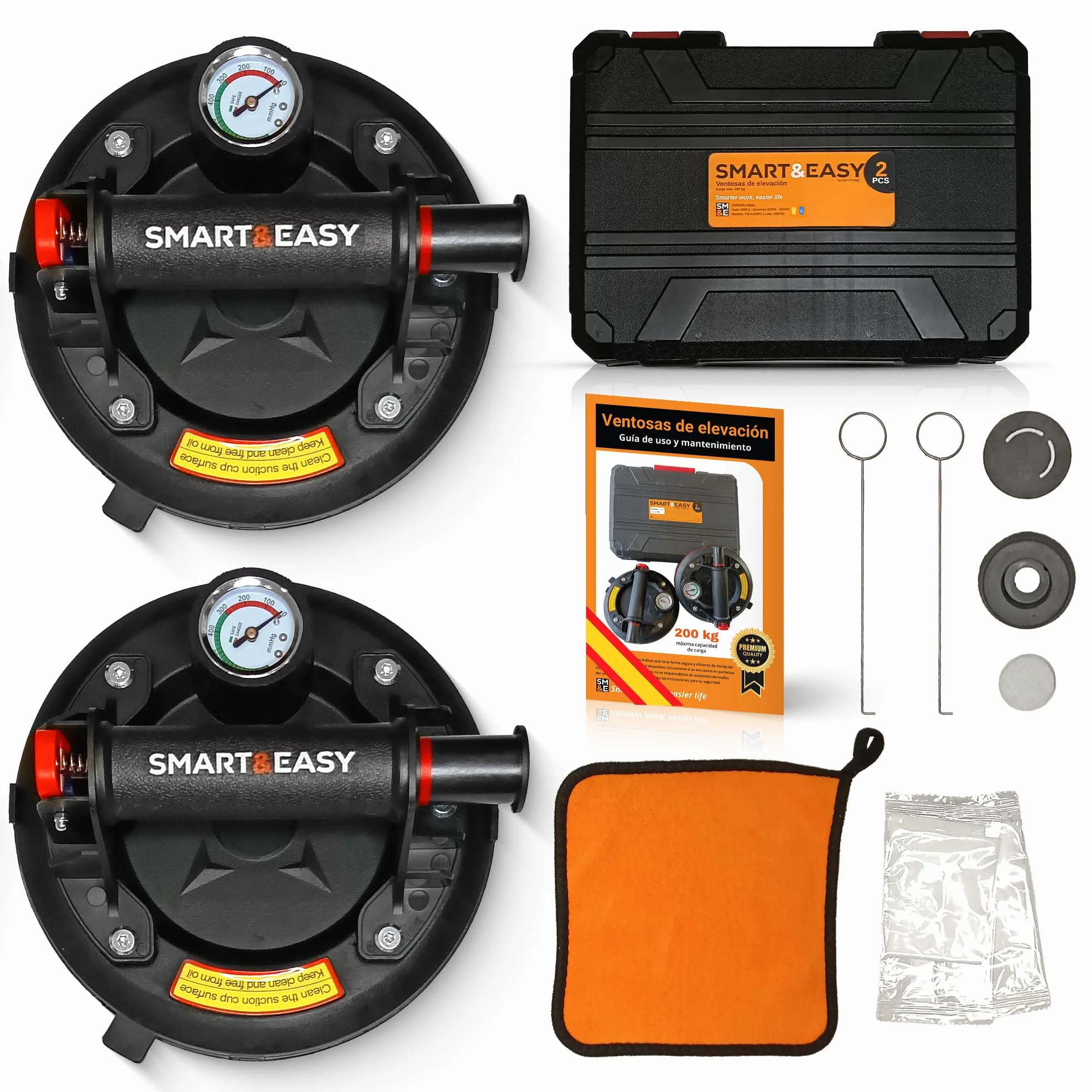 SMART&EASY Set 2 Ventosas para Azulejos con Manómetro 200 kg Succión 200 mm Diámetro Maletín Compacto
