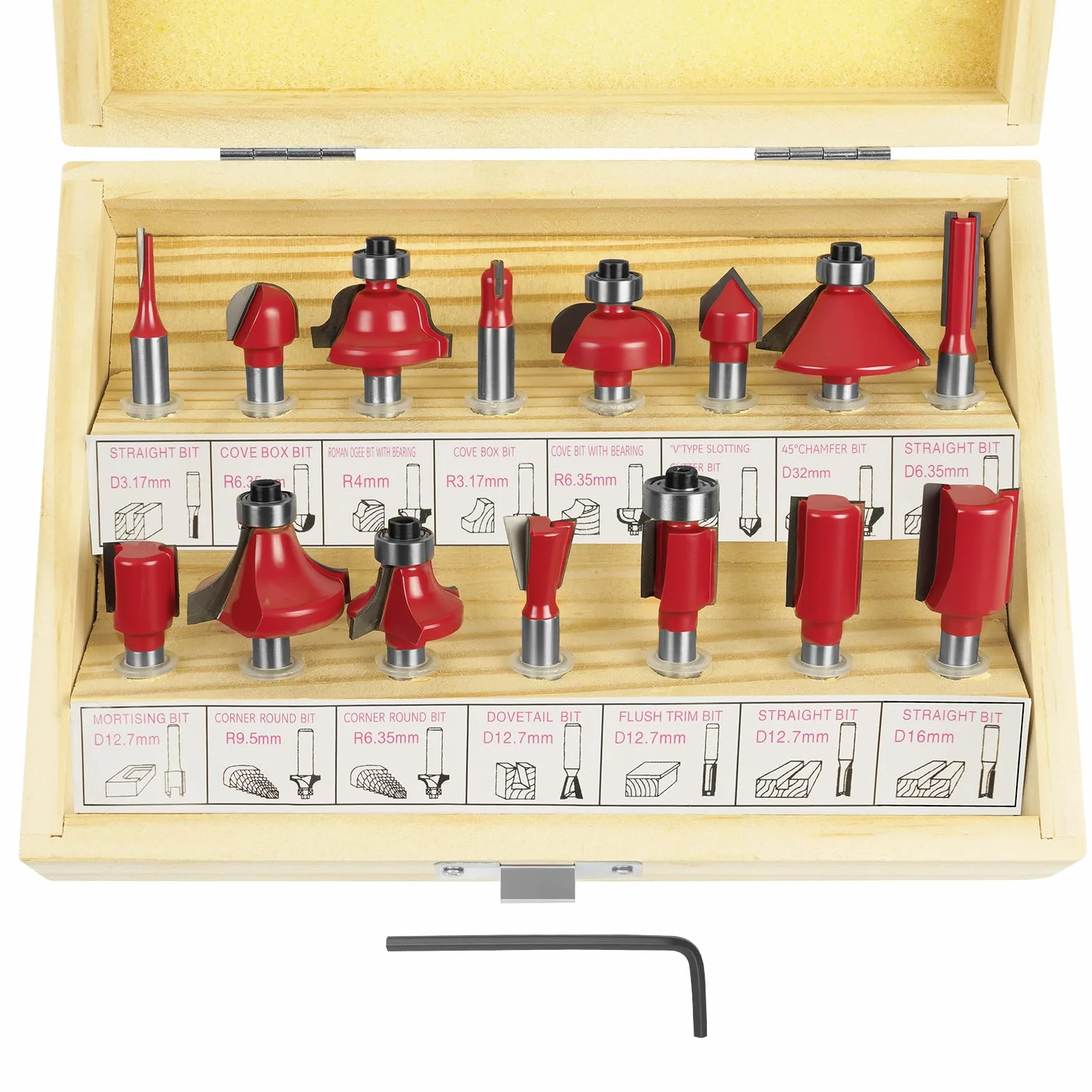 flintronic Fresas Set 15 PCS Cortadores Madera Diámetro Caña Herramienta Fresado Kit Carpintería Caja Madera 6.35mm