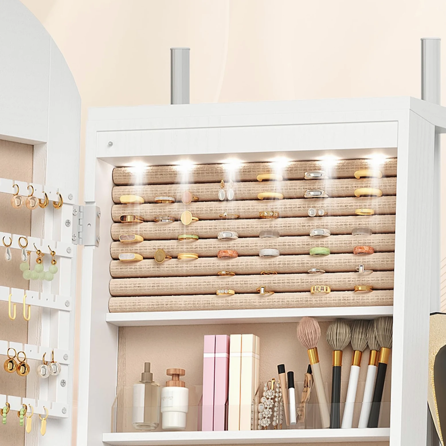 HOOBRO Armario para Joyas, Espejo Joyero de Pie, Base Giratoria y Cerradura, con Luz LED y Zona Abierta, con Ganchos para Ropa y Sombreros, Pendientes, Anillos, Collares y Cosméticos, Blanco EWT09JC04