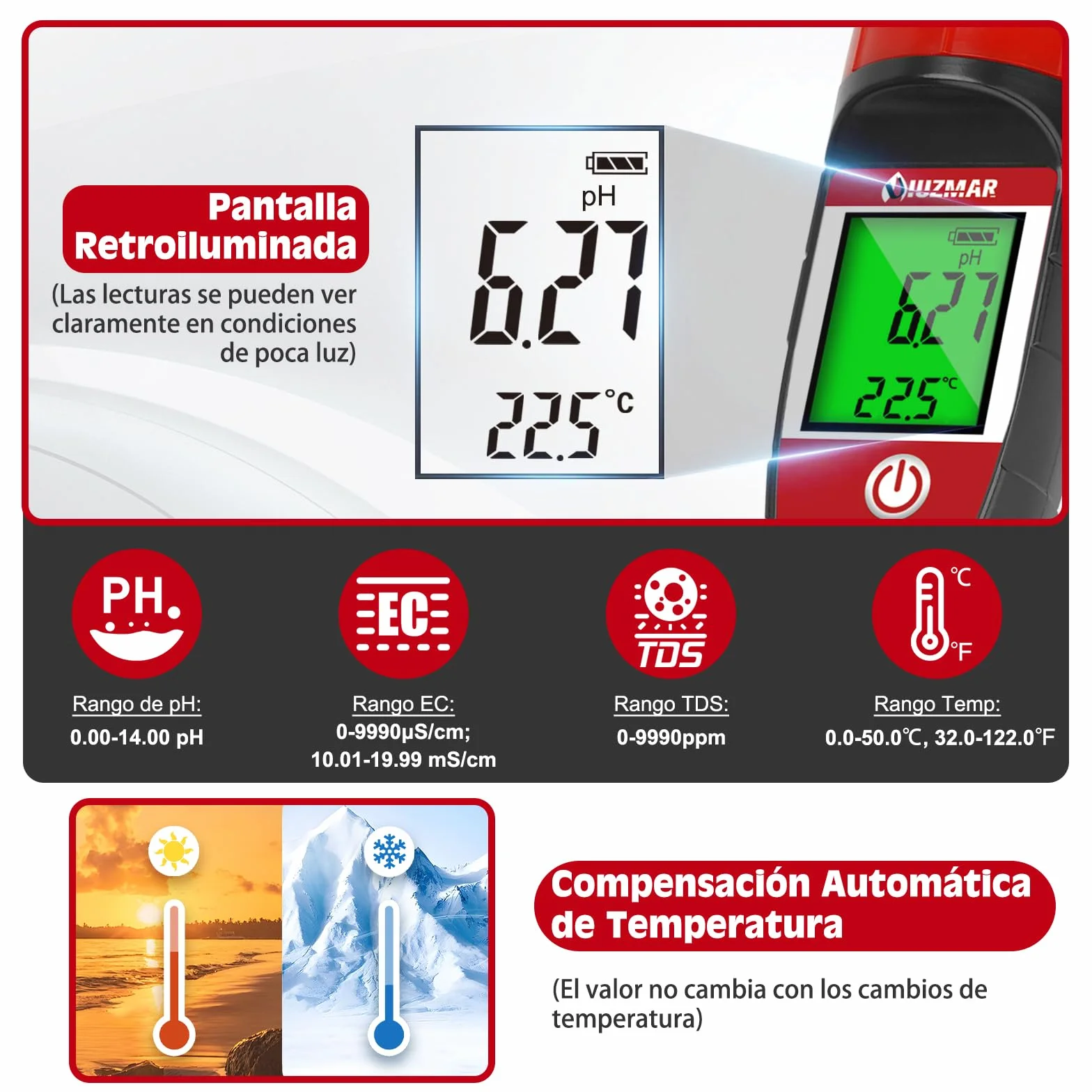 UIUZMAR Medidor de pH EC TDS 4 en 1 para Agua Piscina Hidroponia