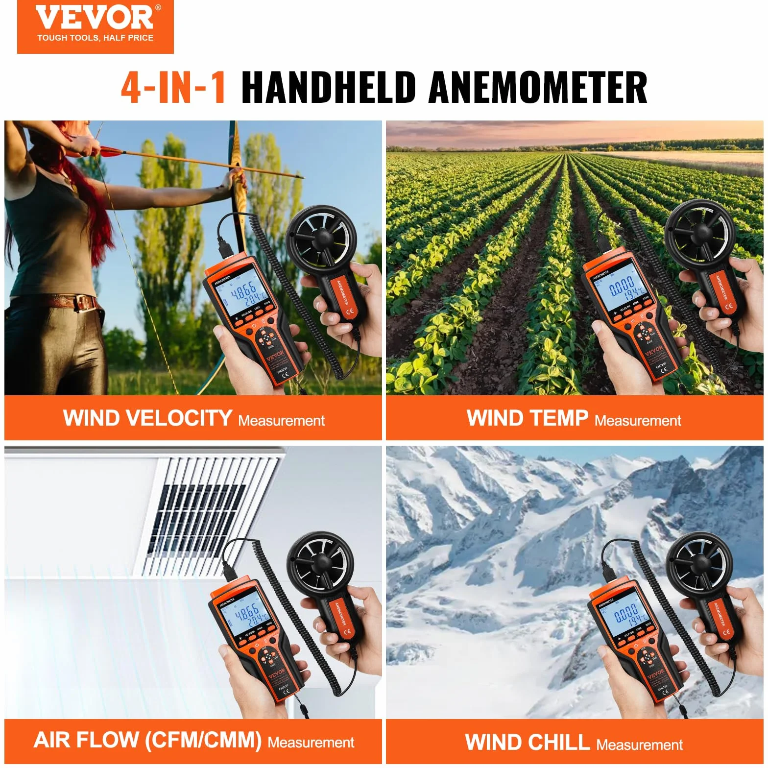 VEVOR Anemómetro Portátil Digital con Pantalla LED Medidor Velocidad Viento CFM -10~60°C para HVAC Drones Navegar
