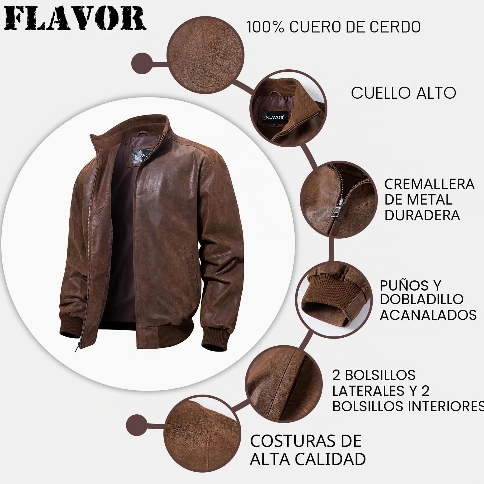 FLAVOR Chaqueta Bomber de Cuero Genuino para Hombre Chaqueta Casual
