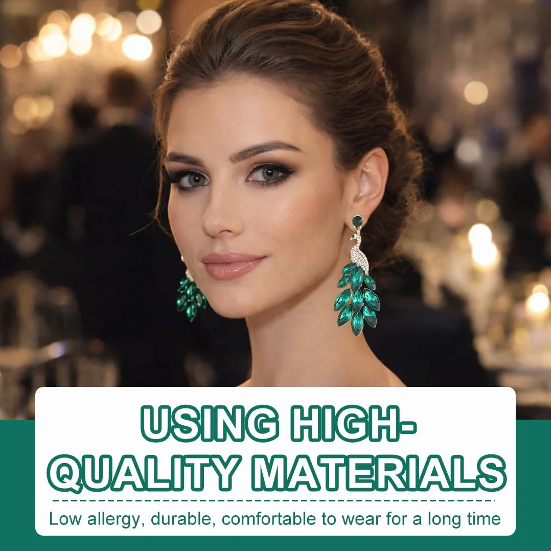 1 par de pendientes de mujer con borlas Pendientes de pavo real de cristal Boho con cuentas en cascada Aretes de gota con flecos, verde