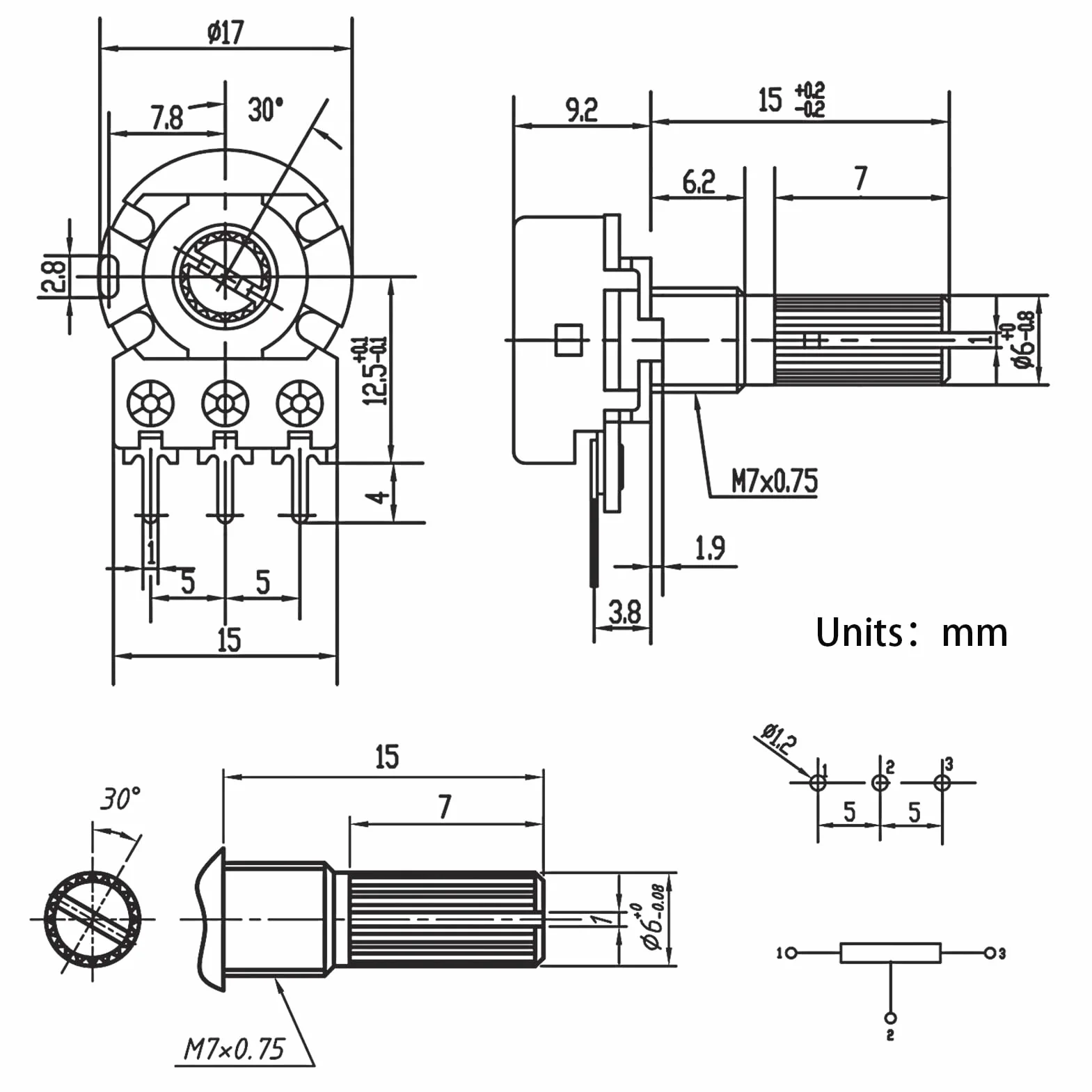 WH148 Potenciómetro Lineal Rotativo Cónico B1K B2K B5K B10K B20K B50K B100K B250K B500K B1M 3 Terminales con Perilla