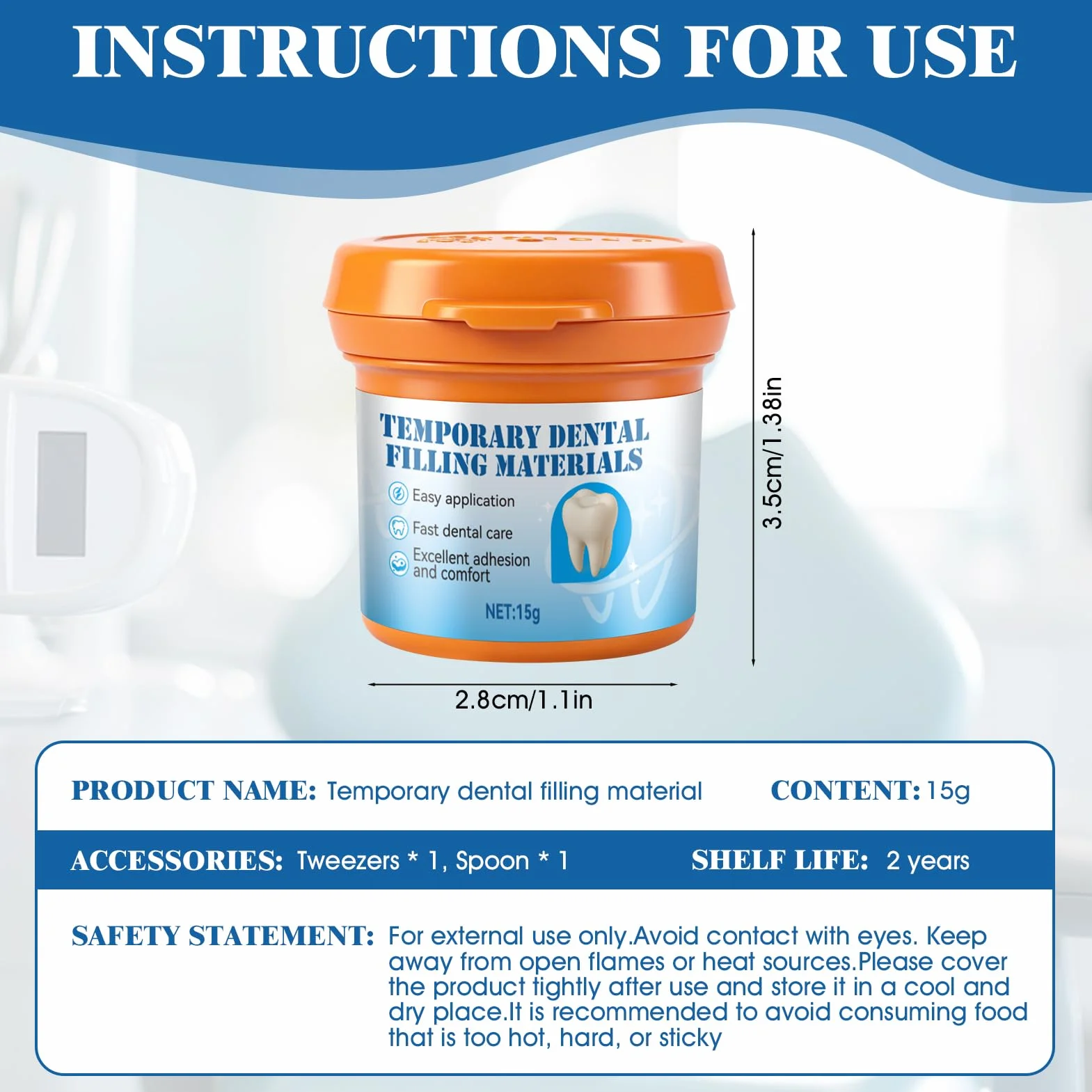 Cemento Dental Temporal, Kit de Relleno para Caries, 15g