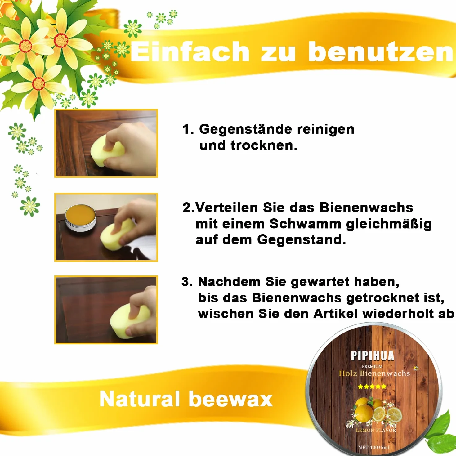 PIPIHUA Cera de Abeja Natural para Cuidado de la Madera Impermeable Muebles Limón