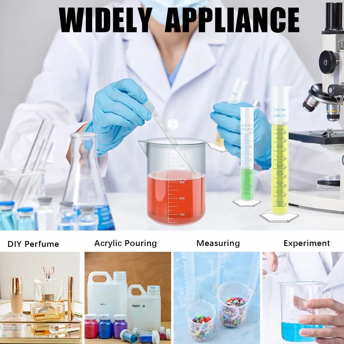 Juego cilindros graduados de plástico medición vasos tubos ensayo jarras frascos laboratorio ciencia pipetas cepillos transferencia líquidos 15pcs