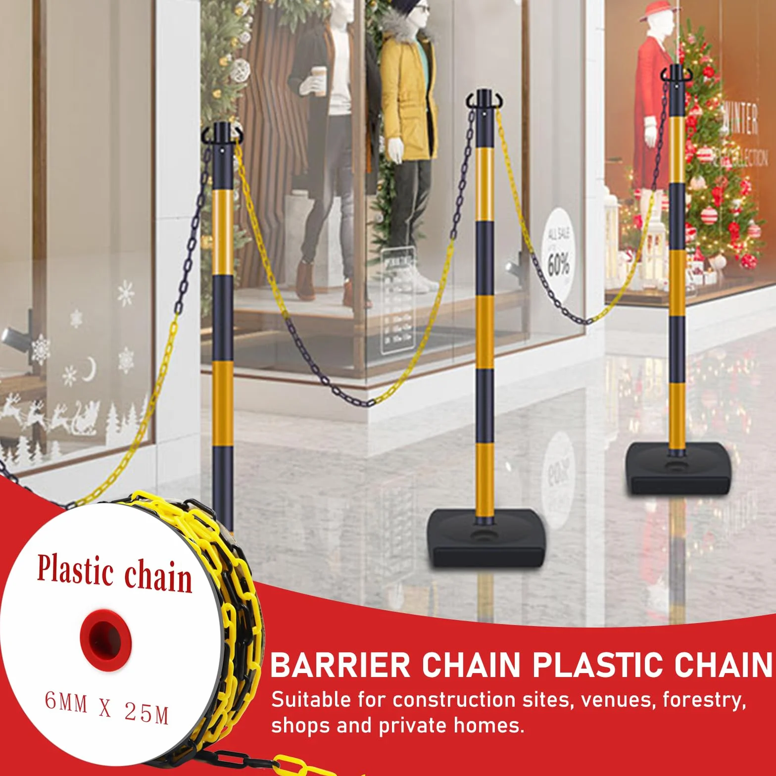 Cadena de Plástico Barrera Ø6mm Negro y Amarillo 25m con 10 Ganchos en S