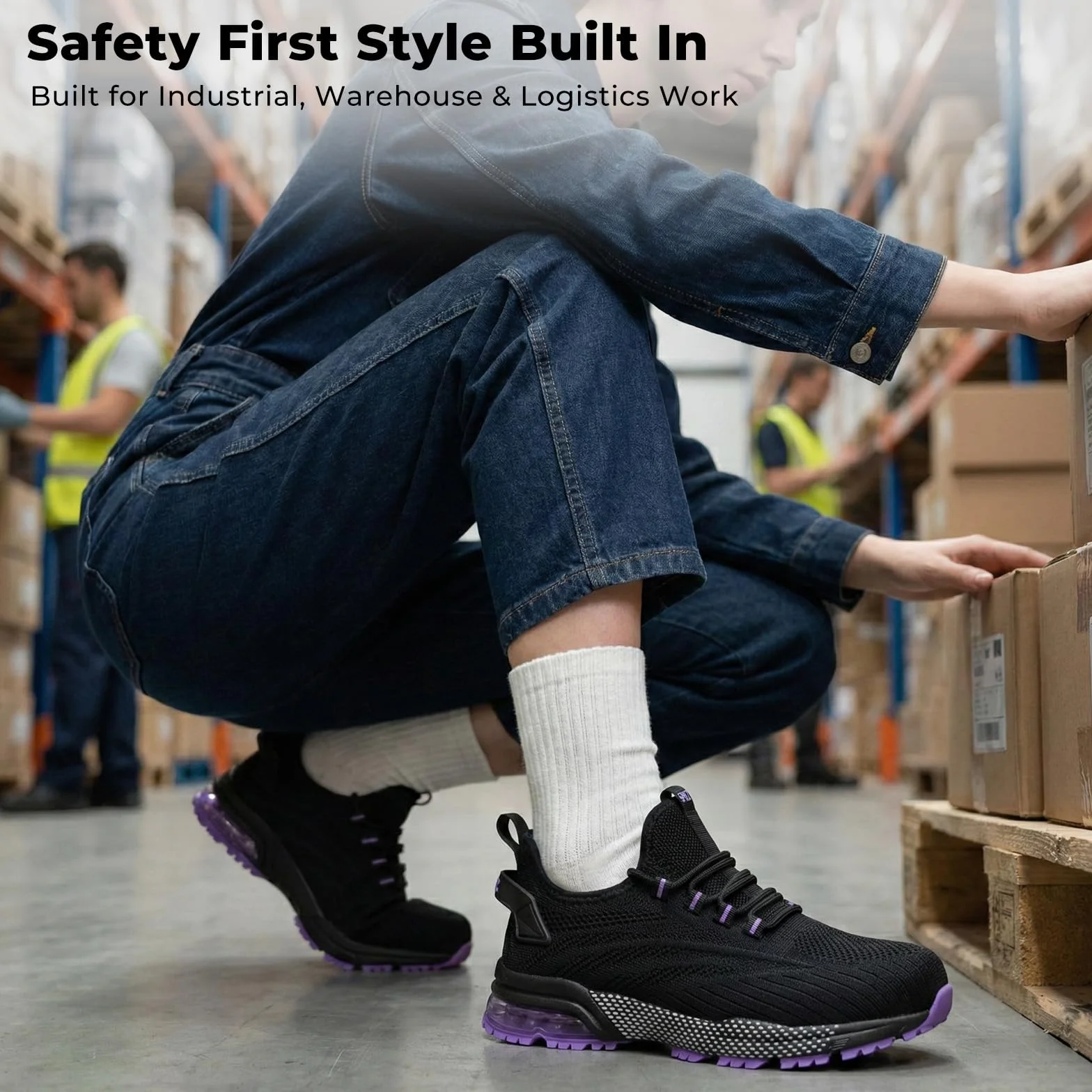 SPIEZ Zapatillas de Seguridad Mujer, Zapatos de Seguridad con Puntera Composite y Amortiguación de Aire, Diseño Ligero para Trabajo, Negro Rosa/Morado, EU 35–41