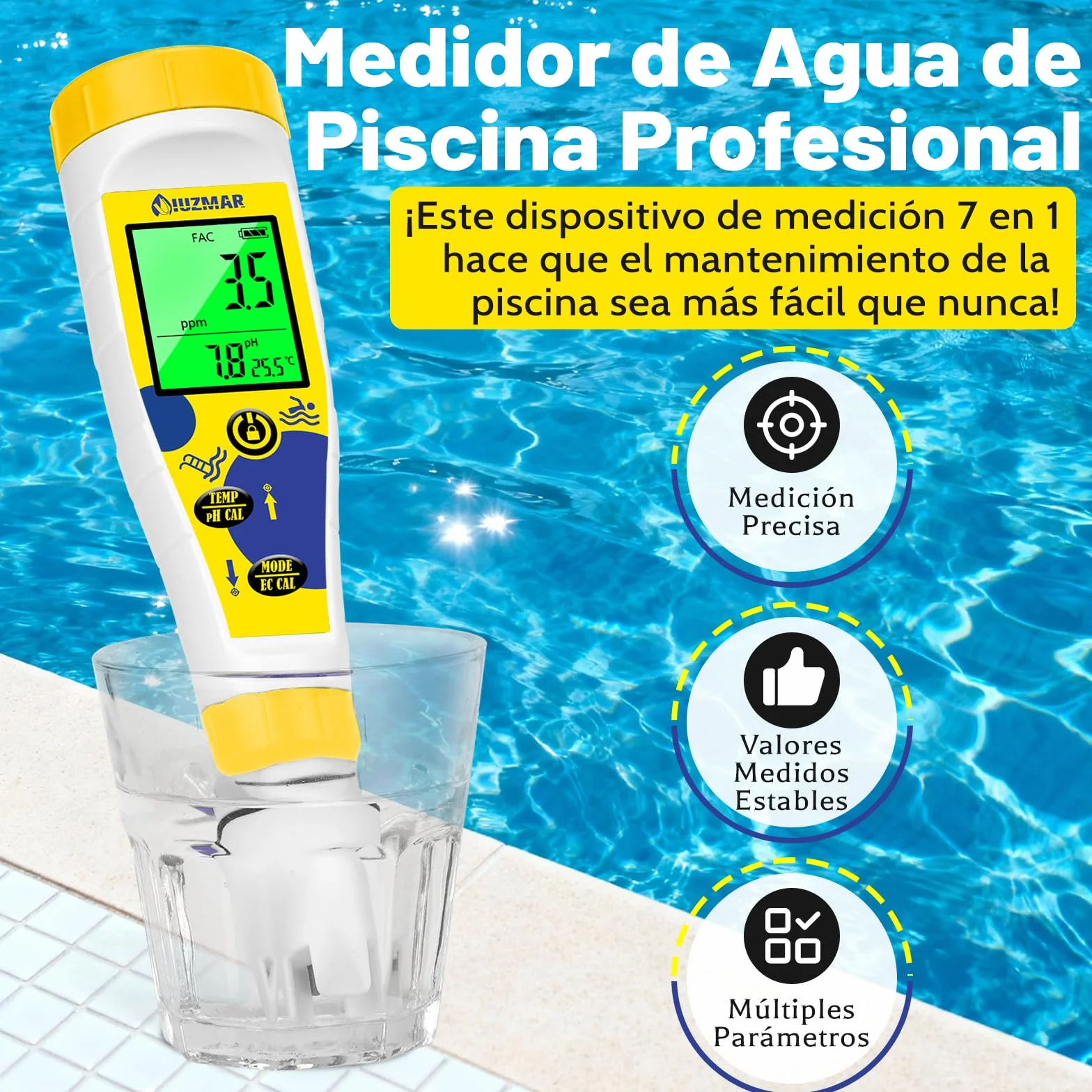 Medidor pH Cloro para Piscinas, Medidor Sal pH Agua Salada 7 en 1 con Temperatura y Salinidad