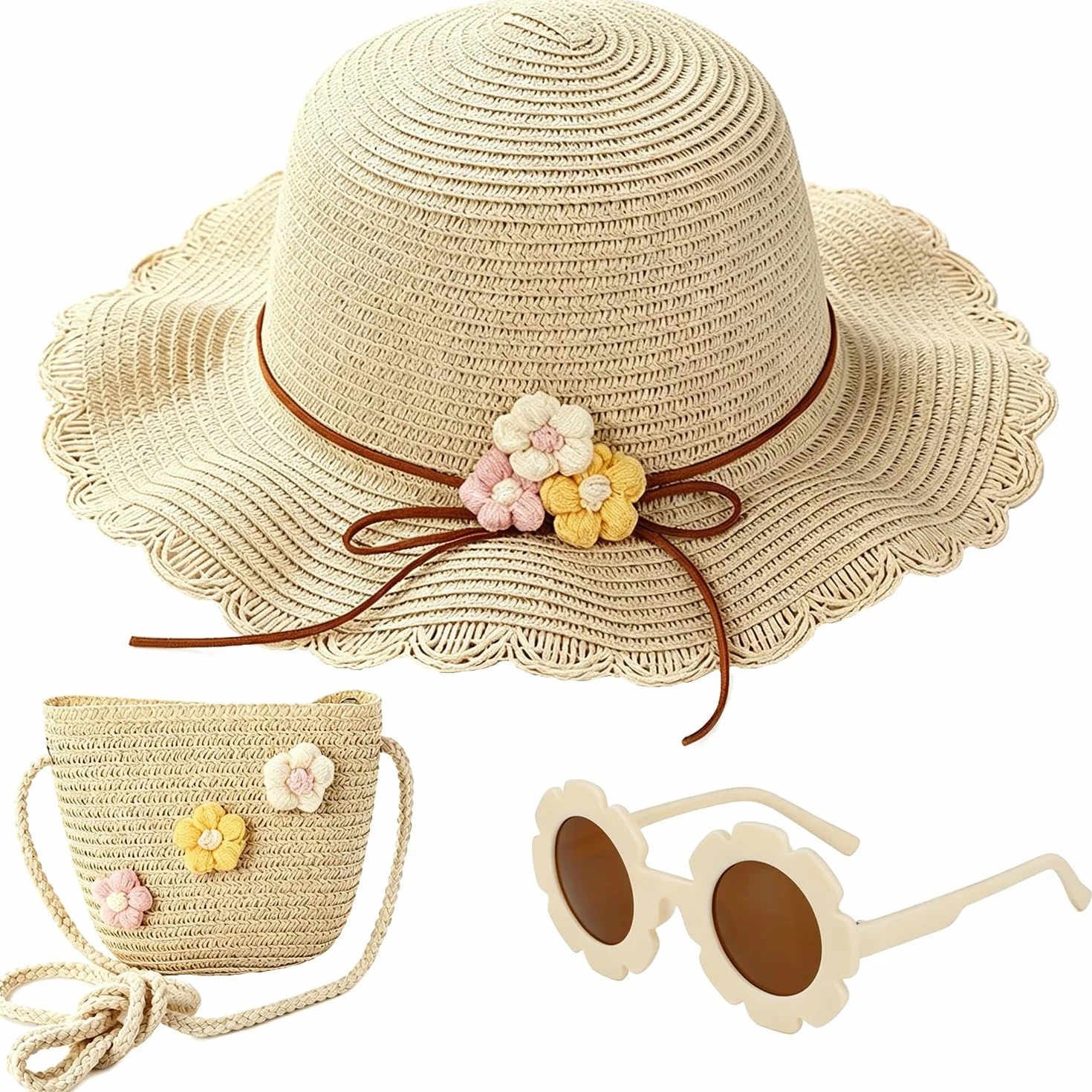 Sombrero de Paja Niñas, Gorra de Sol Chica y Bolsa de Paja Set Gorro de Playa Gafas de Sols Playa de Verano Sombrero Mini Bolsa Cruzada de Pajas Sombreros para Viaje Beach Piscina(Beige)