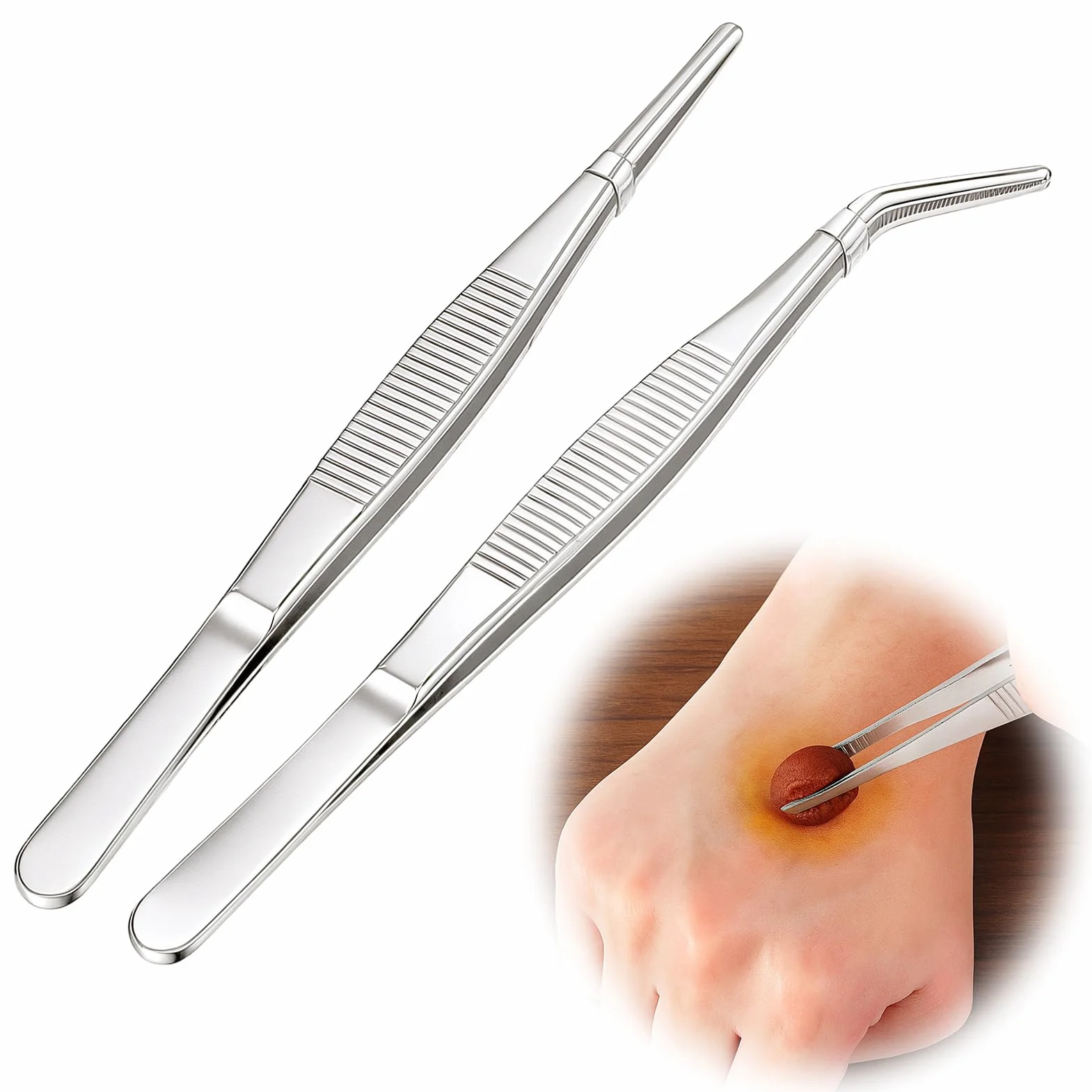 Pinzas Sanitarias de Acero Inoxidable 14 cm 2 Unidades Antideslizantes Punta Fina y Ancha Quirúrgicas