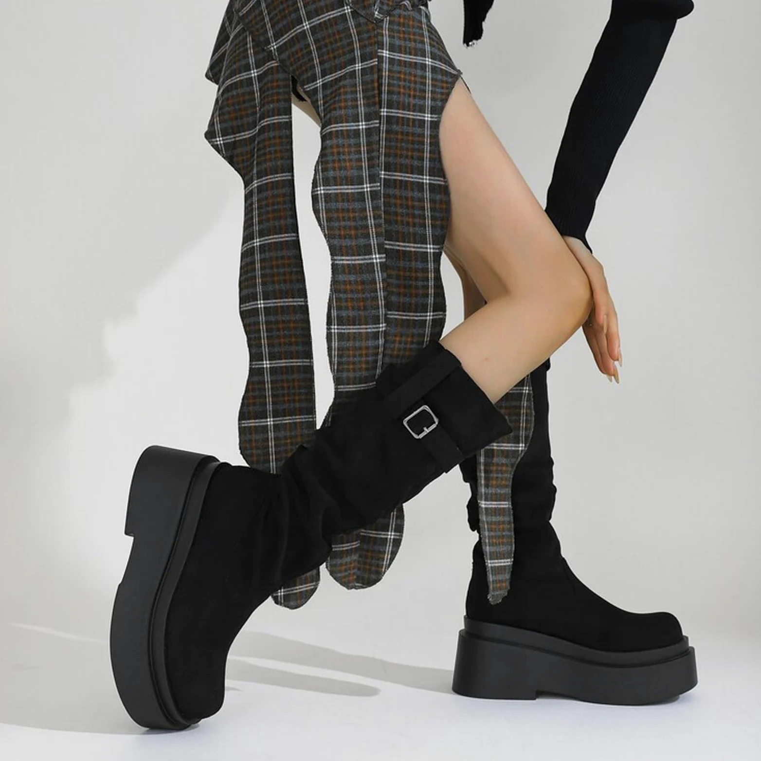Botas Altas hasta la Rodilla con Plataforma y Punta Cuadrada para Mujer, Botas de Media Pantorrilla para otoño e Invierno, Botas Vaqueras Occidentales, Botas de Montar