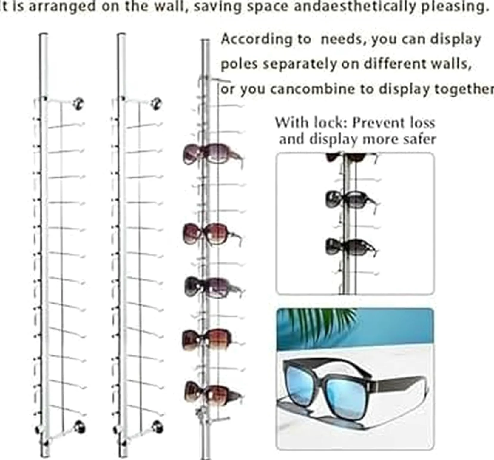 CNPRAZ Soporte de Pared para Gafas con Cerradura, Organizador Seguro para Colgar Gafas de Sol y Gafas, solución de Ahorro de Espacio para Tiendas minoristas y Uso doméstico