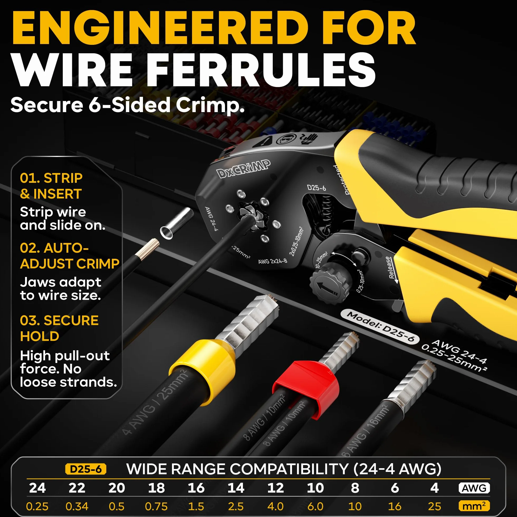 Kit de Crimpadora de Punteras Huecas 0,25-25 mm² (AWG 24-4) - Surtido 11 Tipos de Terminales - Alicates para Electricistas