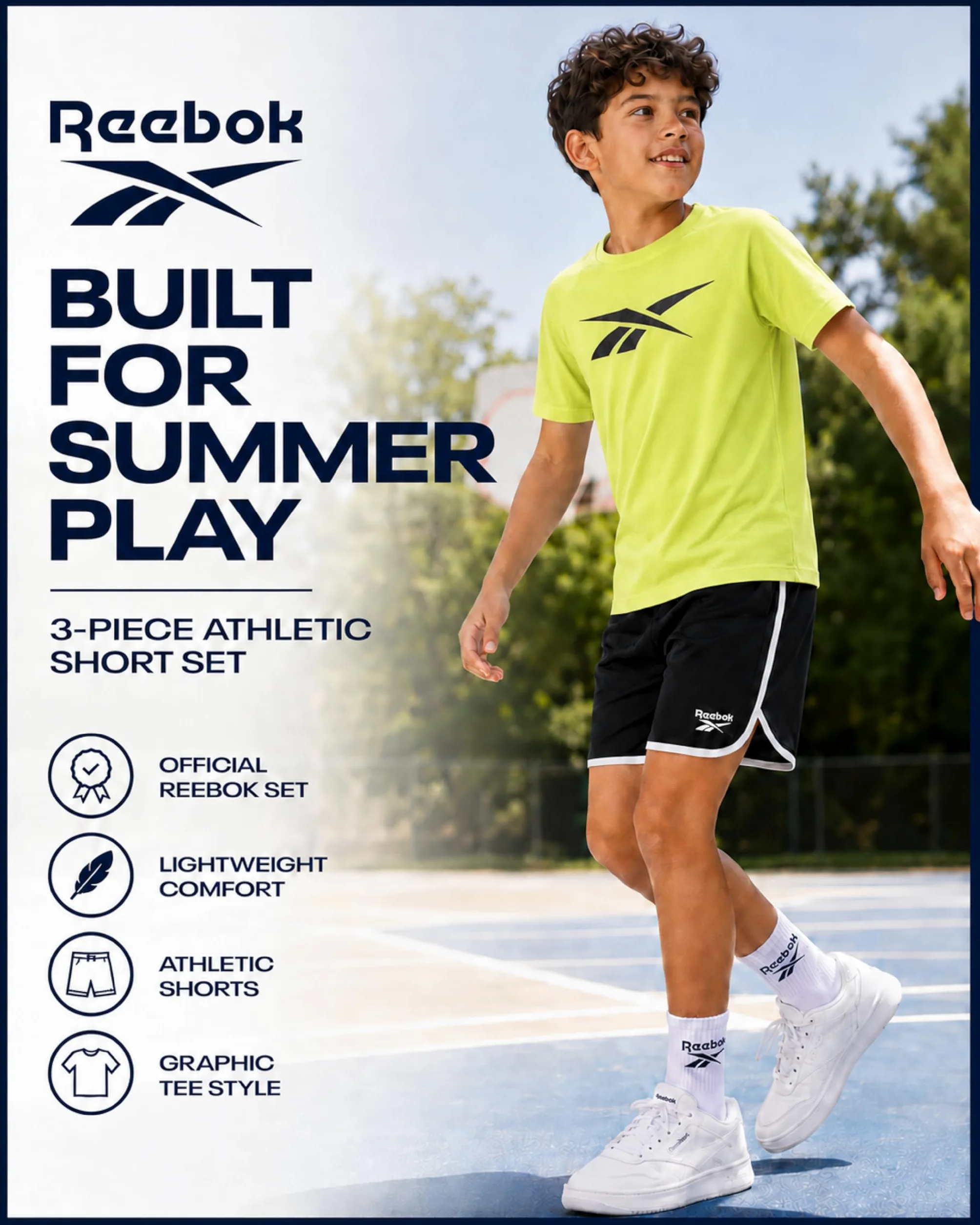 Reebok Conjunto de pantalones cortos deportivos para niños, ropa de verano de 3 piezas con camisetas gráficas y pantalones cortos de baloncesto para niños activos
