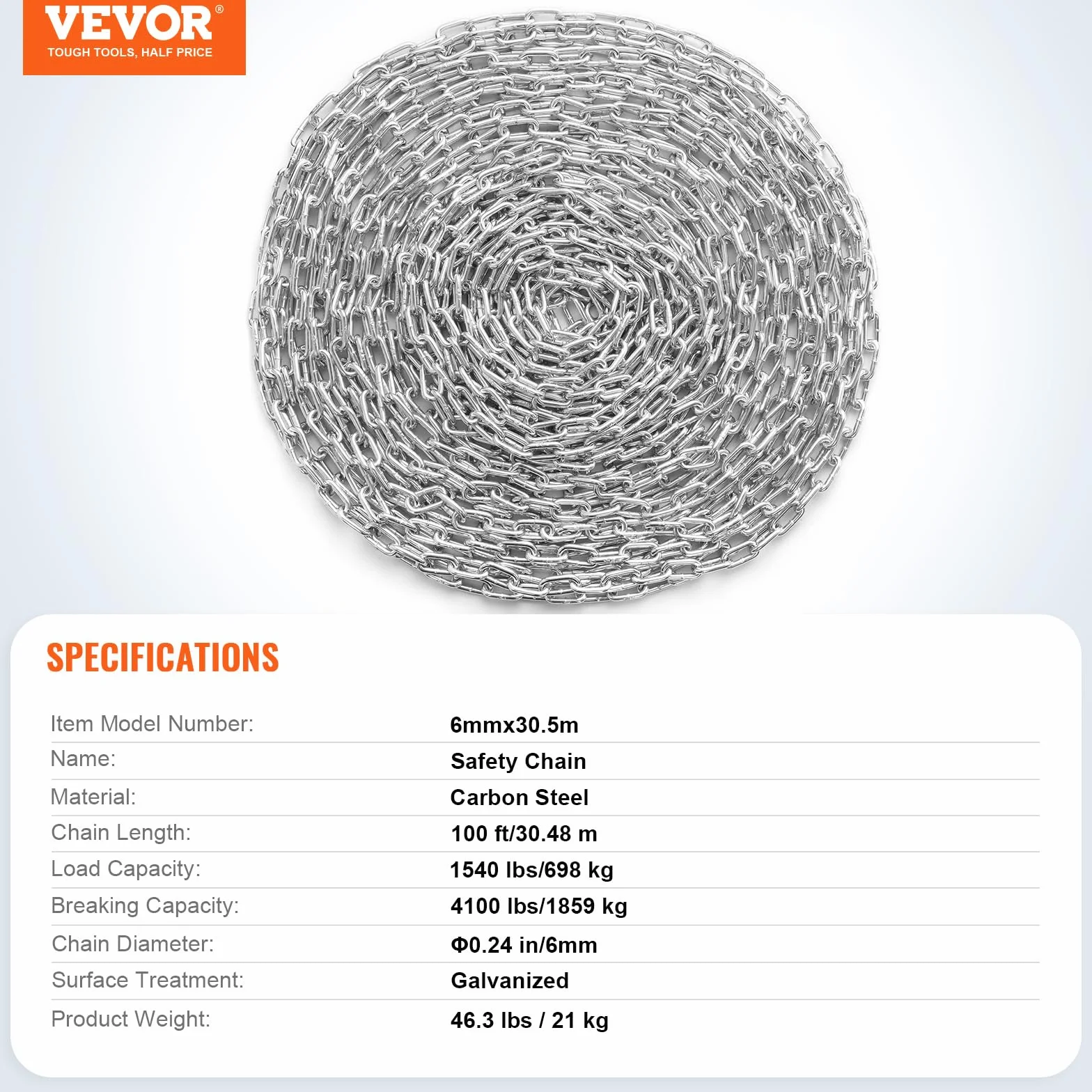 VEVOR Cadena de Eslabones de Acero Galvanizado 6 mm x 30.5 m 698 kg