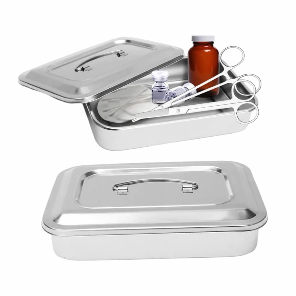 Organizador de bandeja de instrumentos dentales de acero inoxidable con tapa y asa