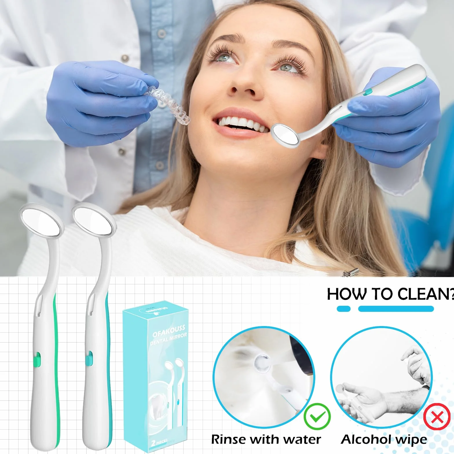 Espejos dentales con luz antivaho 15cm, herramienta de cuidado bucal, paquete de 2, azul y verde