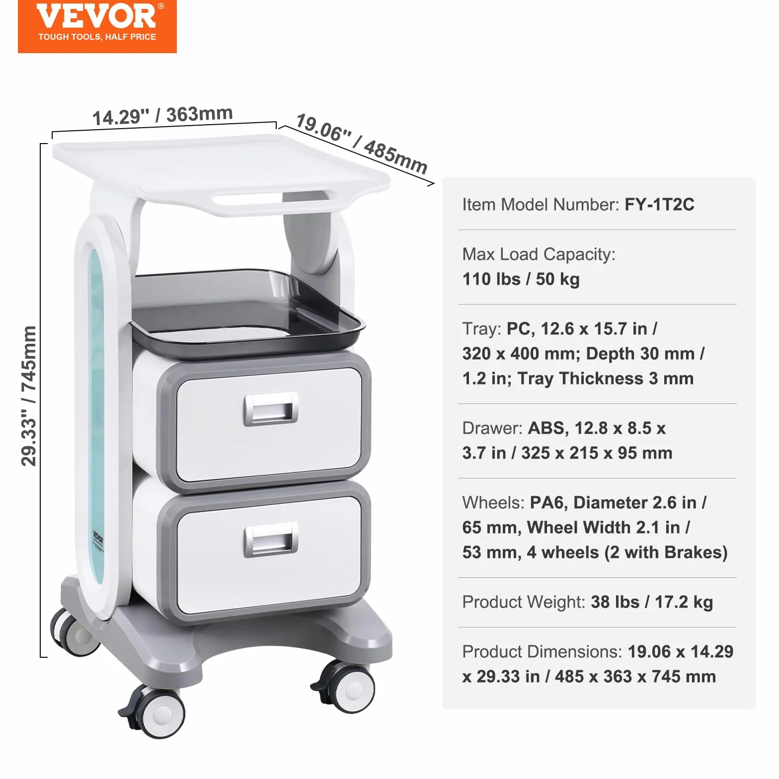 VEVOR Carro Médico 3 Niveles con 2 Cajones, ABS Blanco para Laboratorio Clínica Hospital