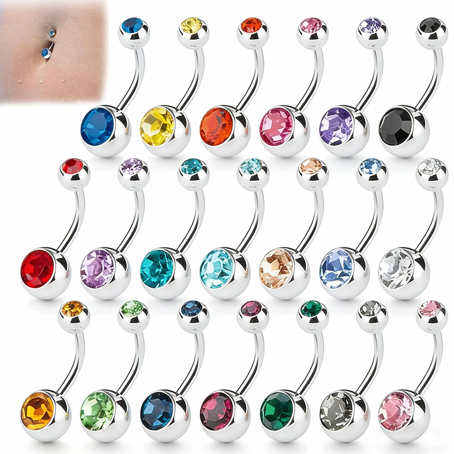 Amaza Piercing Ombligo con Dos Circonitas, 20 Colores Anillos Ombligo Acero Inoxidable, Joyas para el Ombligos Pircing Ombligos con Bolsita de Almacenamiento, Calibre 14G(1,6 mm x 11 mm)