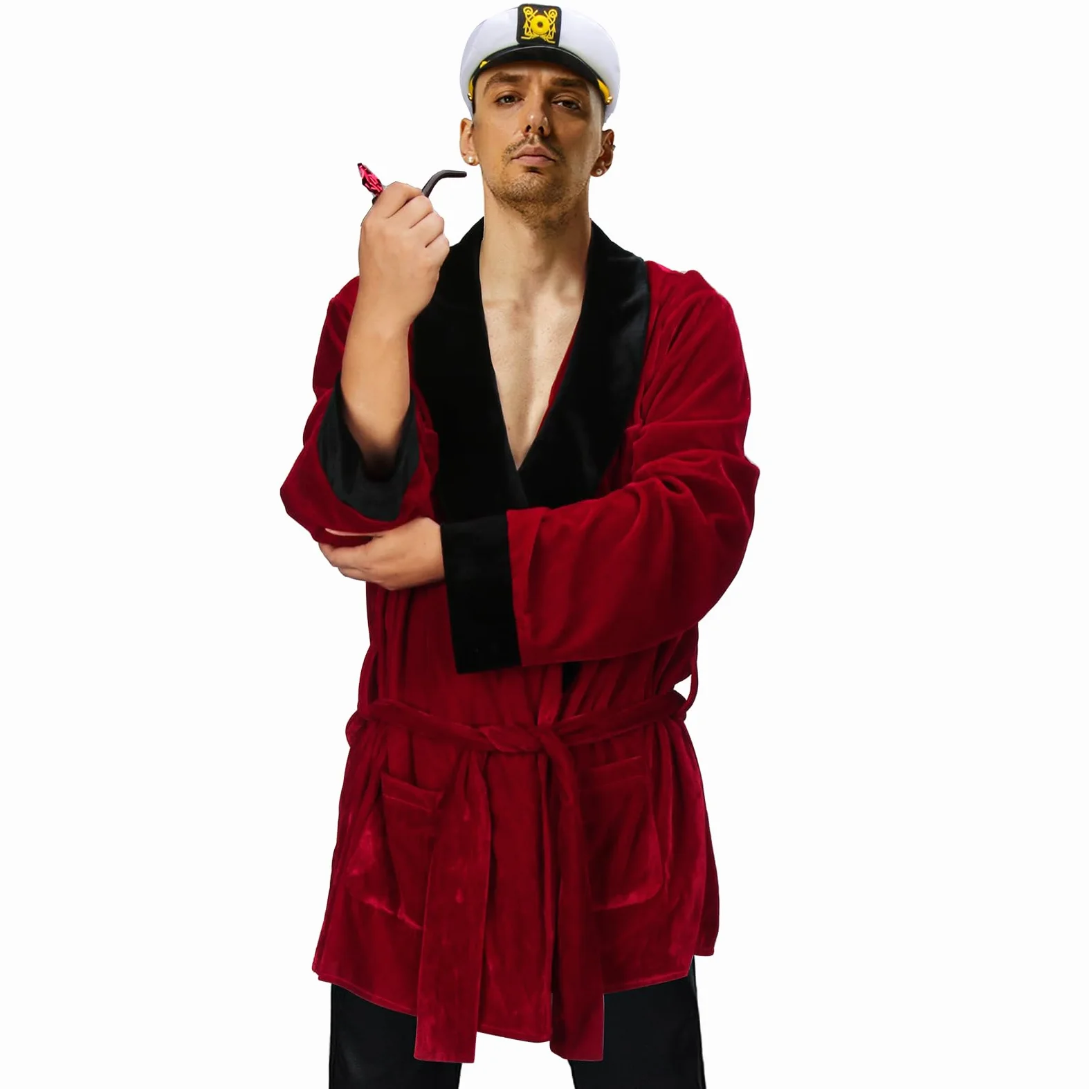 Hefner - Pijama de terciopelo rojo para hombre, con cinturón, sombrero de capitán, accesorios de pipa falsa, disfraz de Halloween
