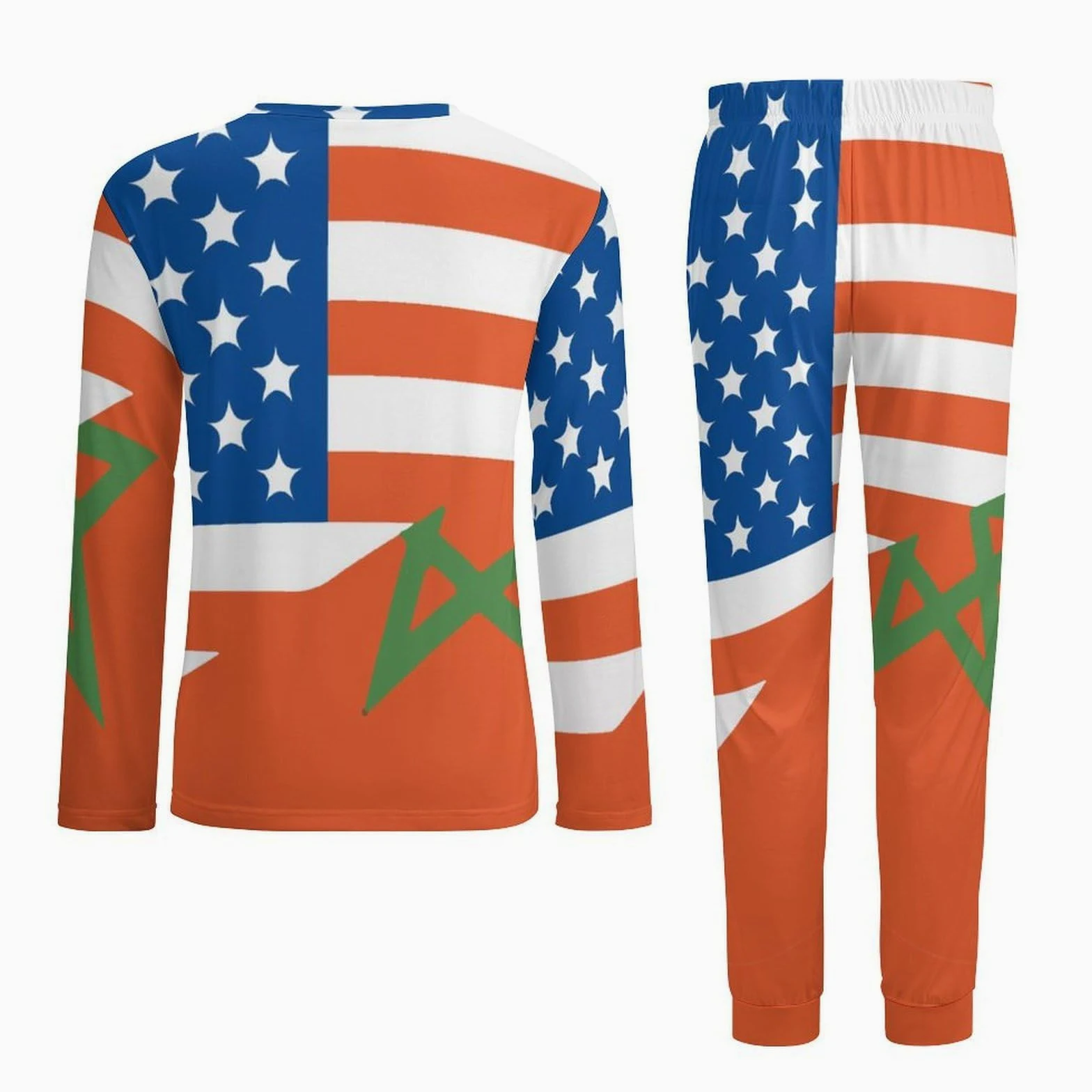 Conjunto de pijama para hombre con media bandera de Marruecos de Estados Unidos, cuello redondo, ropa de dormir larga, 2 piezas