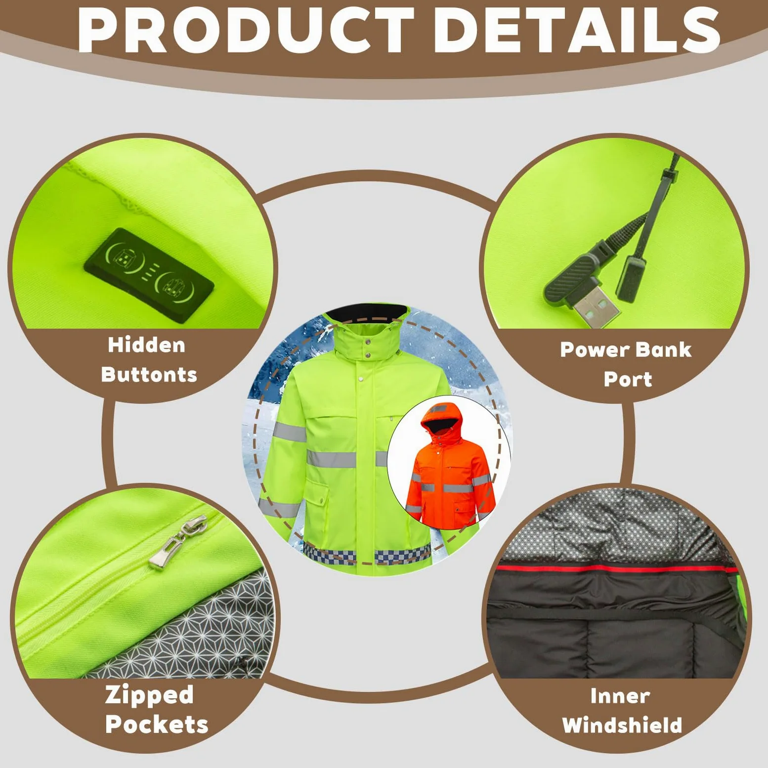 Chaqueta calefactable, Chaqueta de Alta Visibilidad, Abrigos térmicos, Chaqueta de Trabajo Impermeable con Tiras Reflectantes, para Acampar al Aire Libre y senderismoGreen,4XL