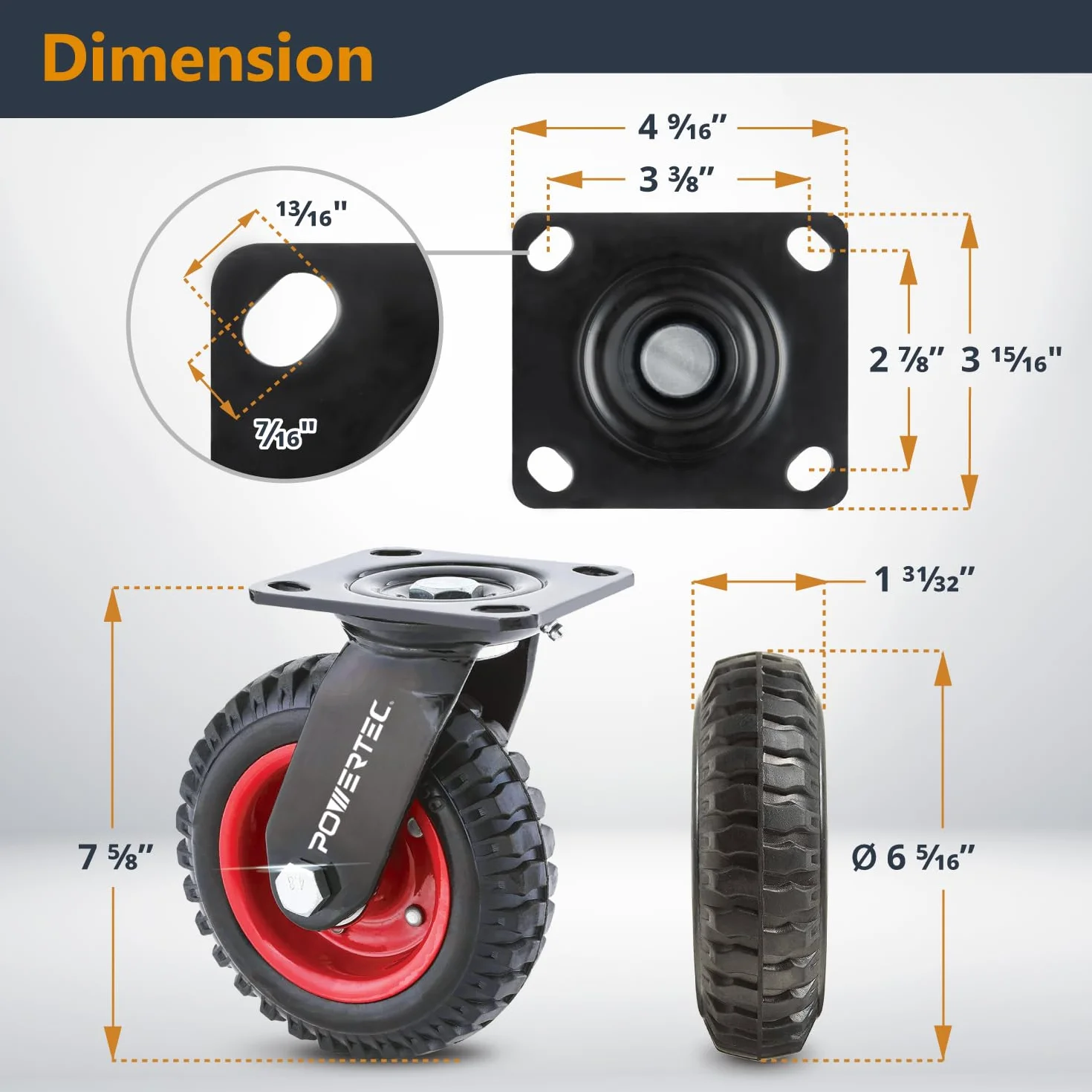 POWERTEC 17050 Rueda giratoria industrial resistente, 6-1/4 pulgadas, negro
