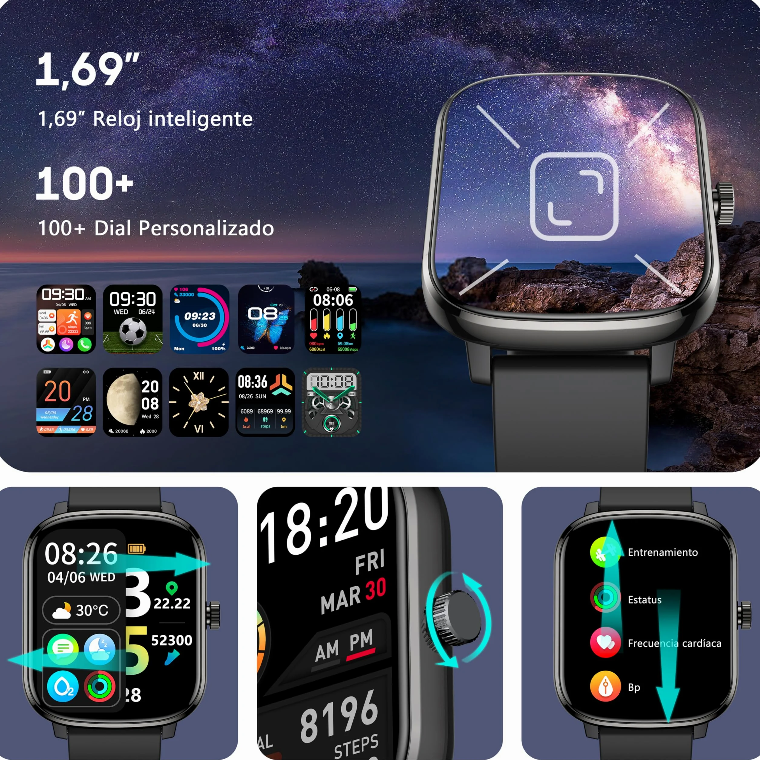 KALINCO Reloj Inteligente Mujer Hombre, 1,69” Smartwatch con Presión Arterial Whatsapp Notificación Frecuencia Cardíaca SpO2 Sueño Podómetro Pantalla Dividida Reloj Deportivo para Android iOS