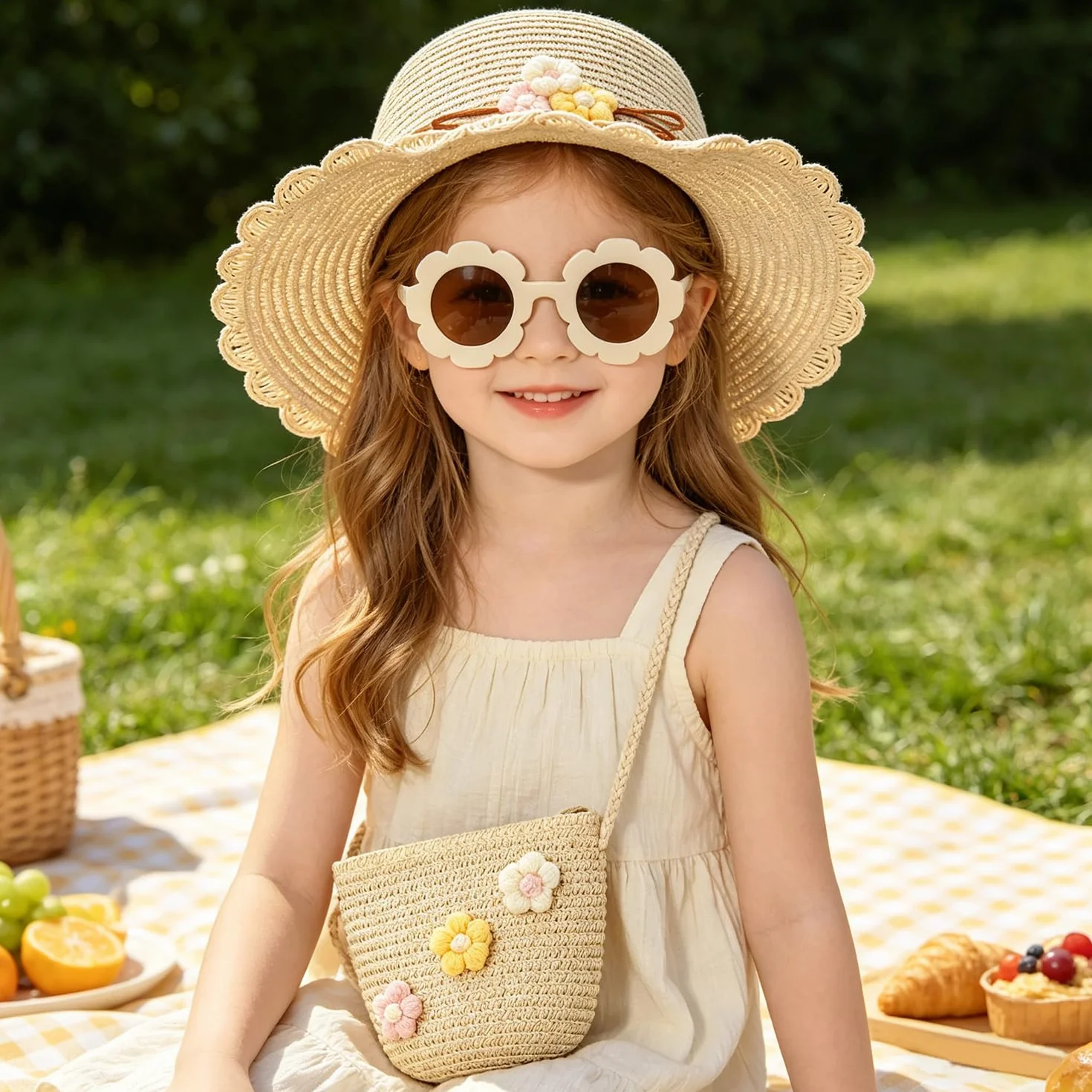 Sombrero de Paja Niñas, Gorra de Sol Chica y Bolsa de Paja Set Gorro de Playa Gafas de Sols Playa de Verano Sombrero Mini Bolsa Cruzada de Pajas Sombreros para Viaje Beach Piscina(Beige)