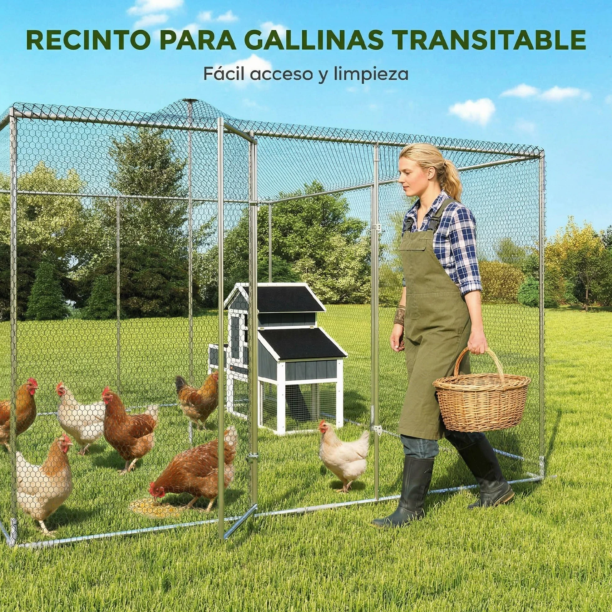 PawHut Gallinero Exterior Grande 4x3x1,97 m 12 m² Acero Galvanizado Puerta Doble Cierre Red PE Resistente Intemperie Walk-In