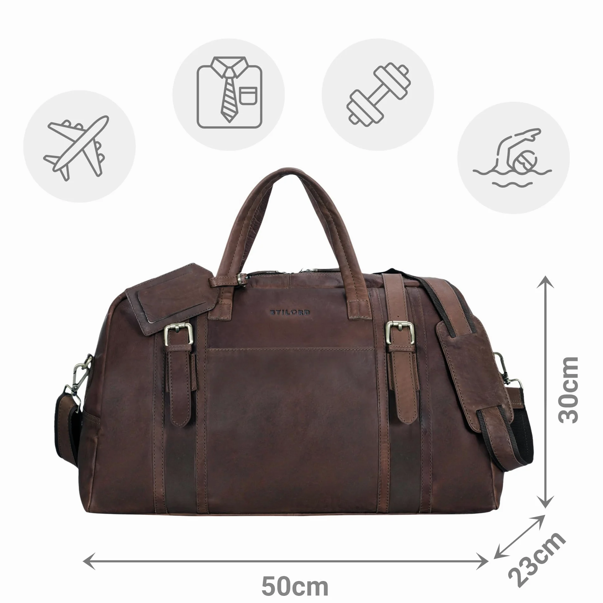 STILORD Vega Vintage Bolsa Viaje Piel Marrón Pequeño Bolso de Viaje Cuero Genuino Bolsa Fin de Semana Mujer Hombre Deporte Duffle Bag con Asa y Bandolera 34 L, 50x23x30