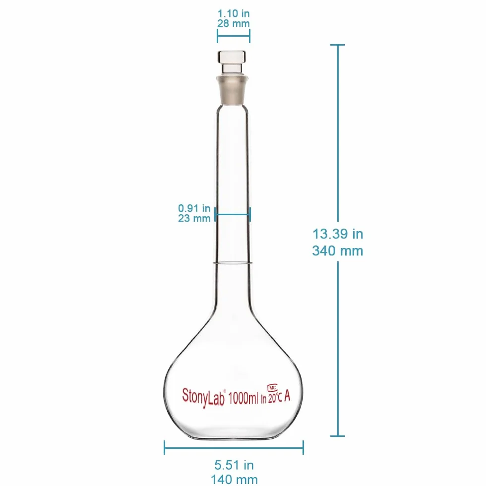 Matraz Aforado Clase A 1000 ml, Vidrio Borosilicato, Tapón de Vidrio, Frascos Volumétricos de Laboratorio