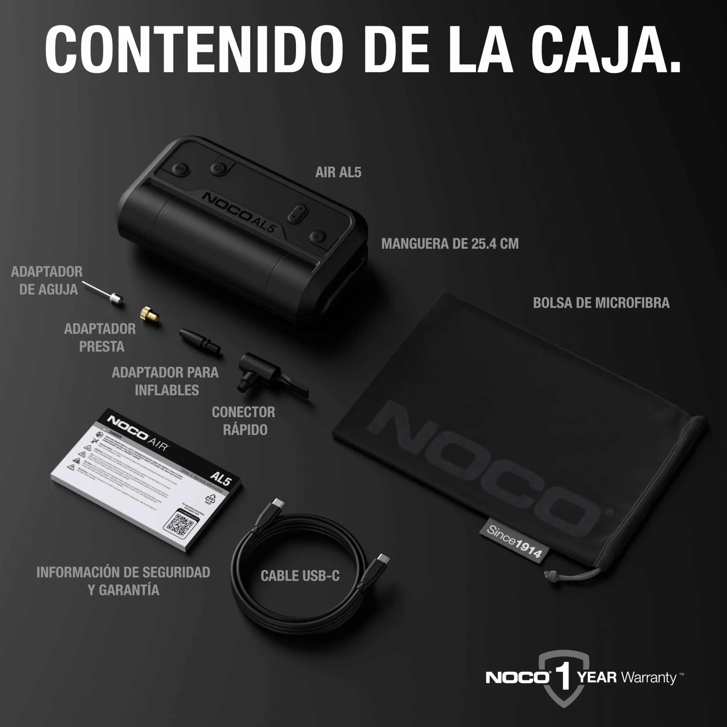 NOCO Air AL5 Inflador de neumáticos inalámbrico 5A Compresor de aire portátil a batería 17 SLPM 0-40 PSI 7 min Manómetro digital Apagado automático