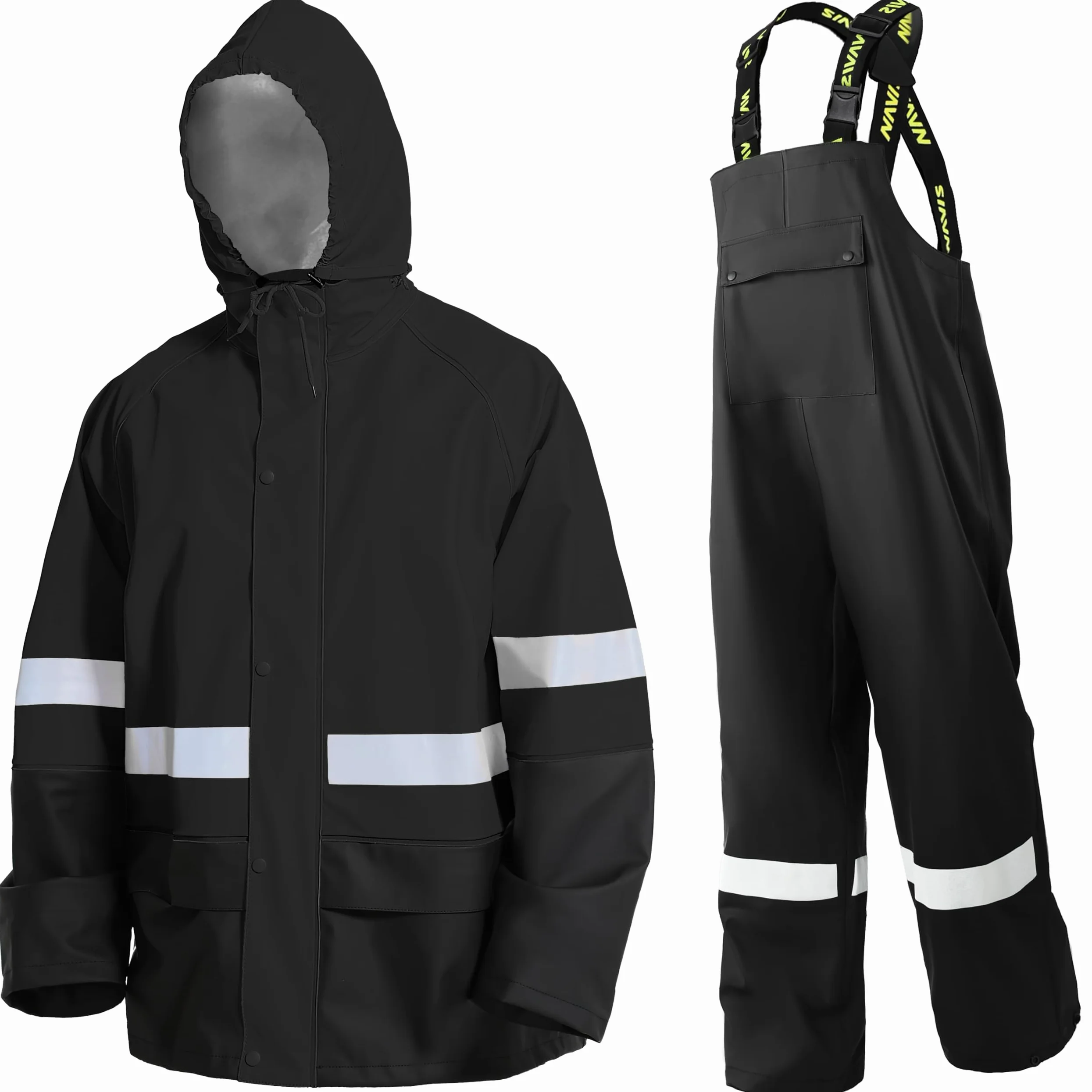 Traje de Lluvia Hombre Impermeable PU - Chaqueta y Peto Ajustable con Capucha Extraíble para Pesca, Construcción, Trabajo y Outdoor