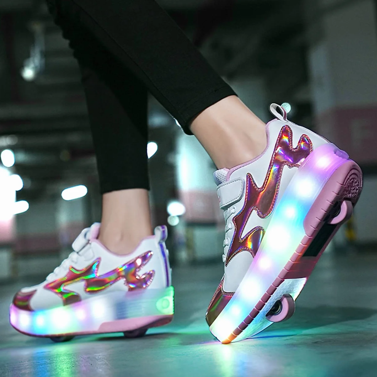 Zapatos con Ruedas Zapatillas LED con Dos Ruedas para Niños Carga USB Automática Calzado Skateboarding