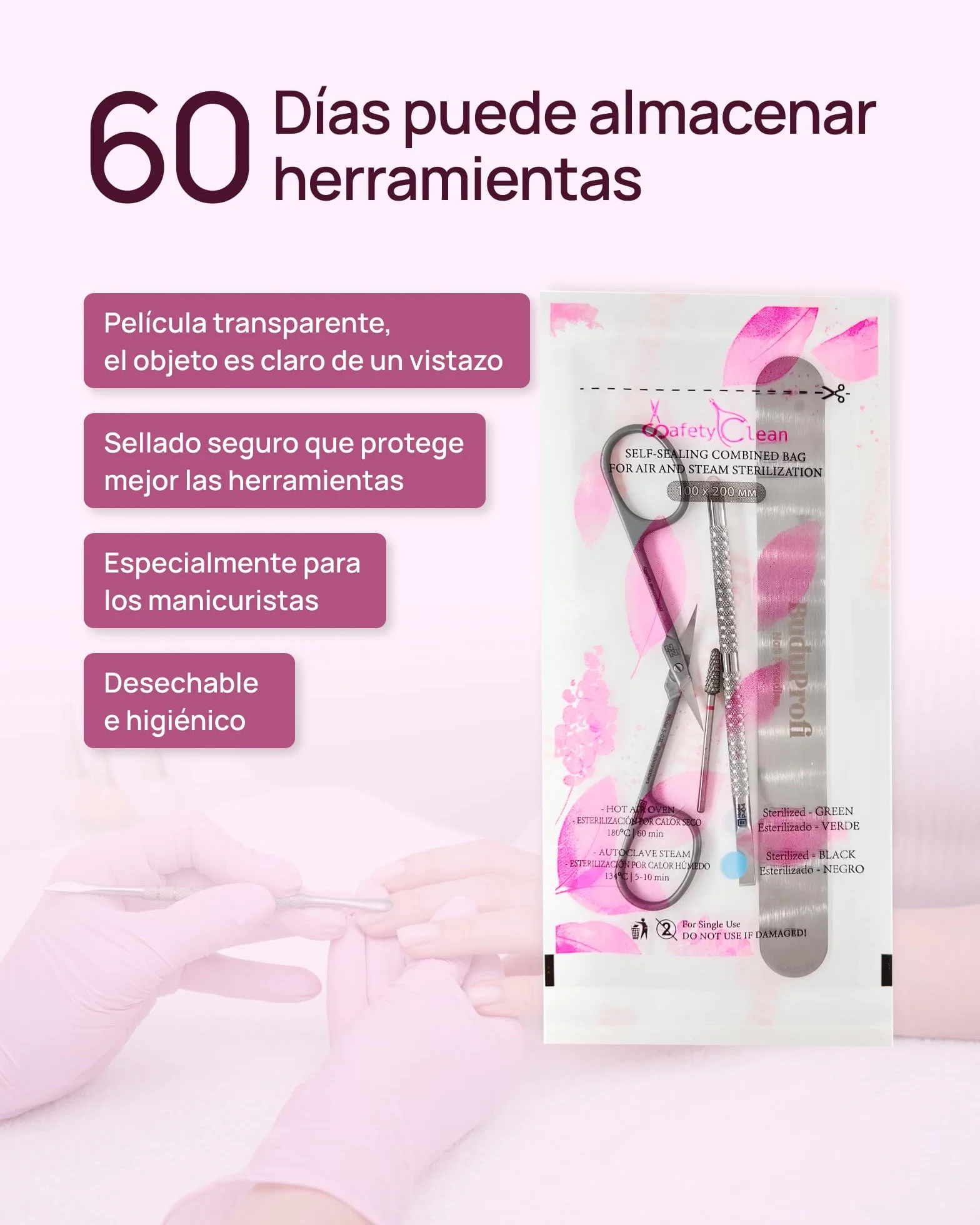 Safety Clean Bolsas de Esterilización Transparentes Indicador Autoclave Manicura Pedicura