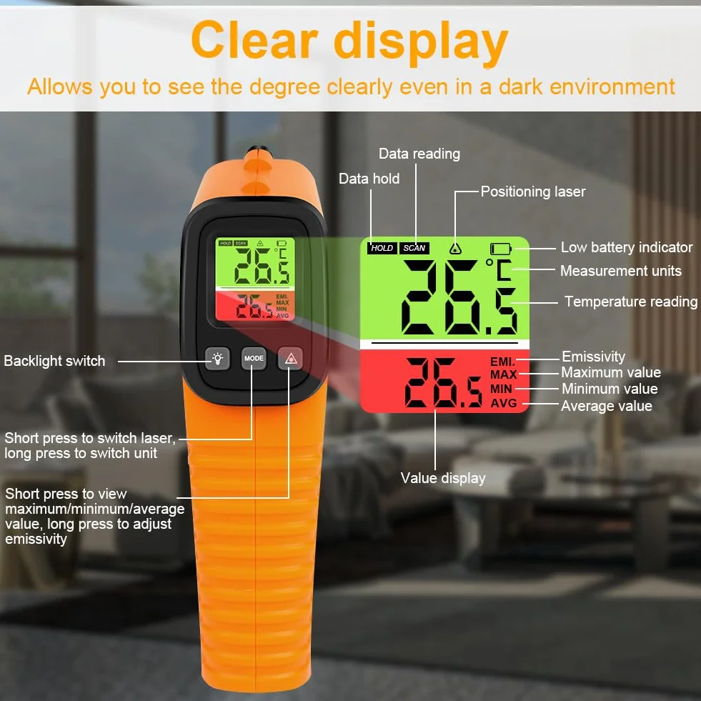 Termómetro Infrarrojo -50°C ~ 550°C Láser sin Contacto Emisividad Ajustable Pantalla LCD