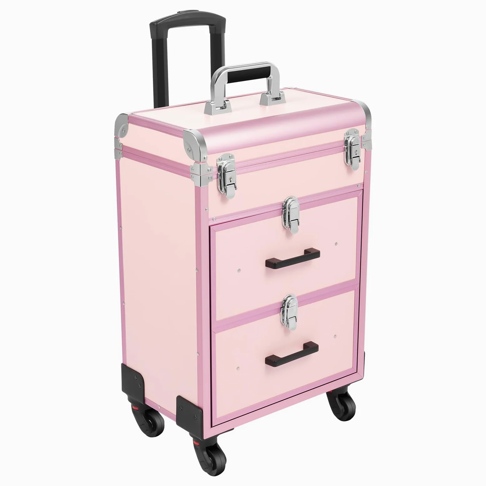 Maletín de maquillaje con ruedas con 50 compartimentos, maletín de maquillaje con 2 cajones y bolsa extraíble, de aluminio, con cerradura, capacidad de carga de 50 kg, color rosa