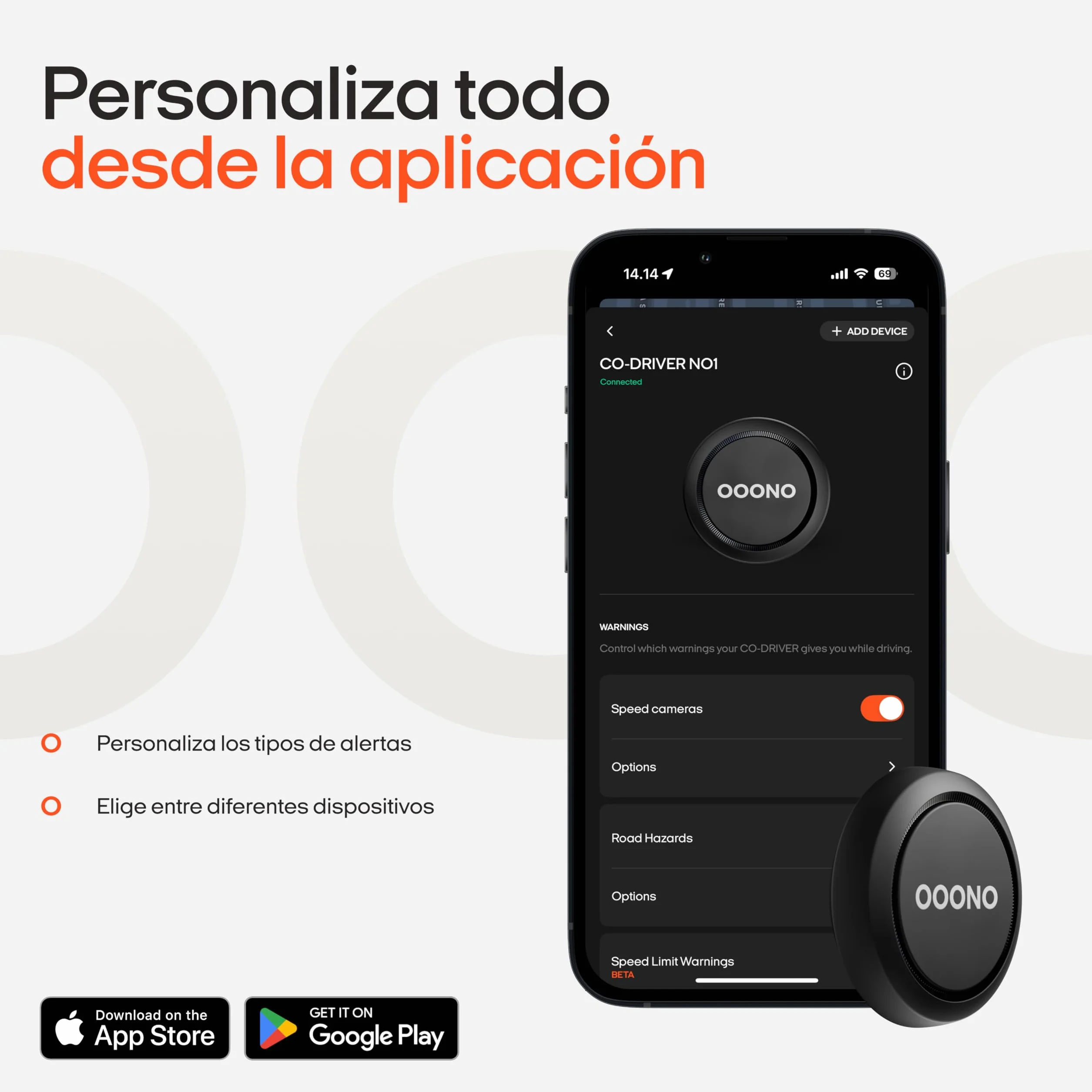 OOONO Co-Driver 1 – Alertas de Peligro en Tiempo Real, Sin Suscripción, Batería Litio 3V, Compatible con Apple CarPlay y Android Auto
