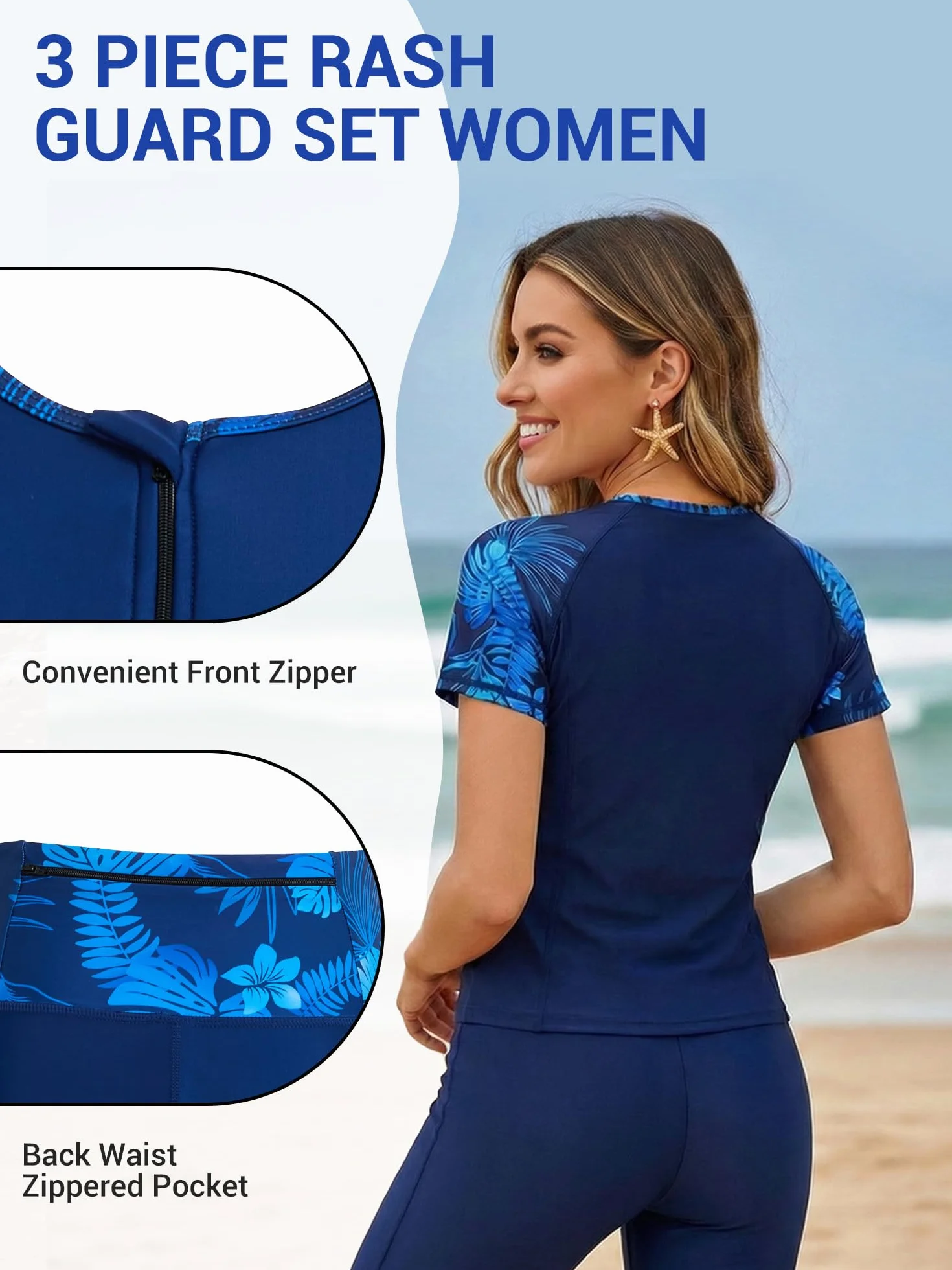 Owntop Conjunto de 3 piezas para mujer con camiseta de manga corta y bañador de secado rápido con protección UV para playa, natación, deportes acuáticos