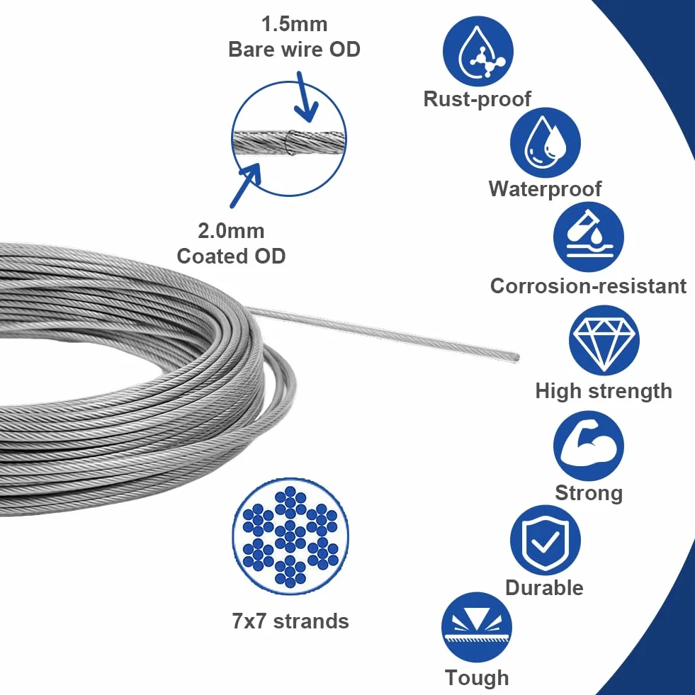 Cuerda Metálica de Acero Inoxidable 20 m x 2 mm, Núcleo 7x7, para Jardín y Plantas Trepadoras