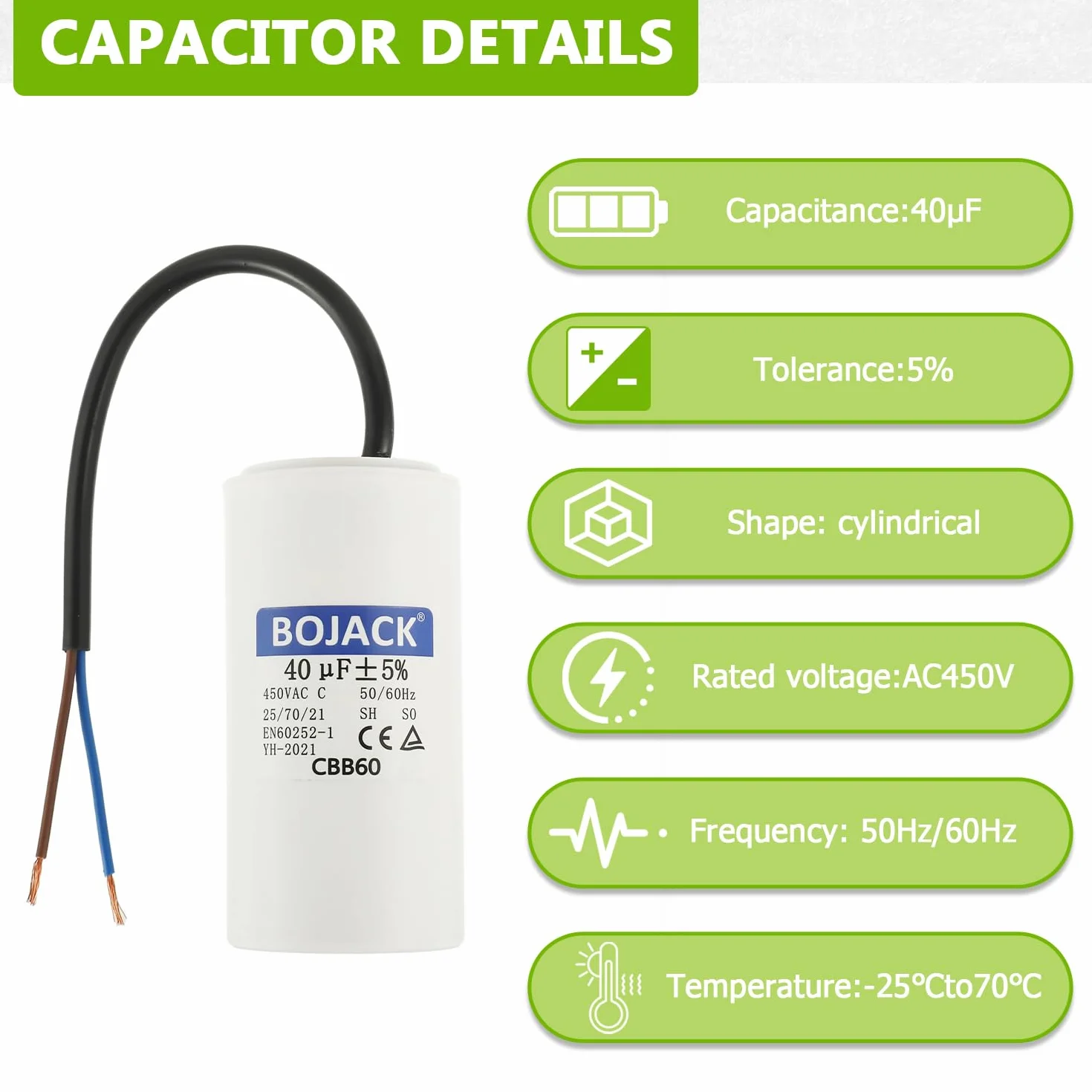BOJACK CBB60 40uf 450V 50/60HZ Condensador de arranque Motor, condensador de funcionamiento