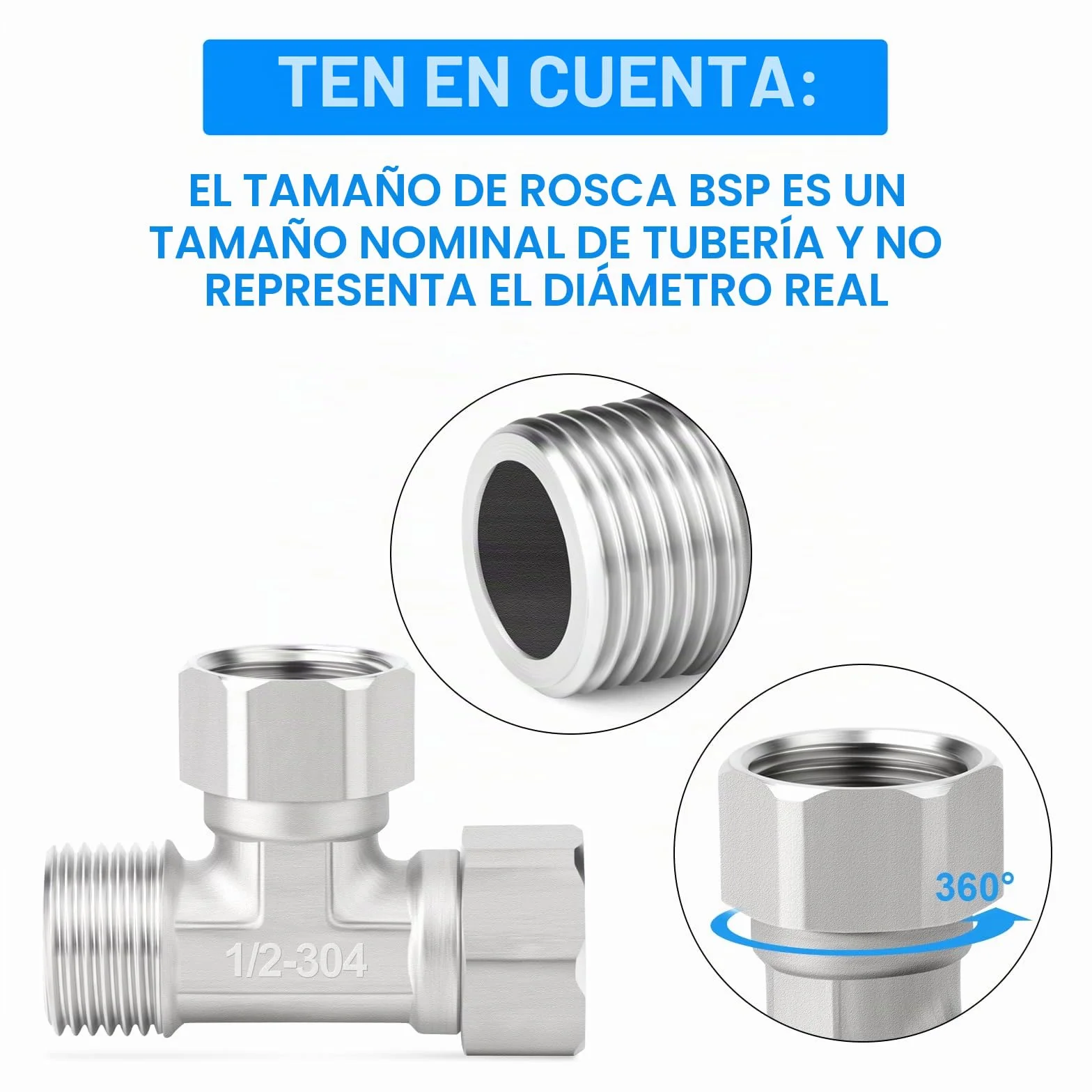 Conector en T flexible 3 vías acero inoxidable 304 1/2" macho BSP tuerca de unión para rociador